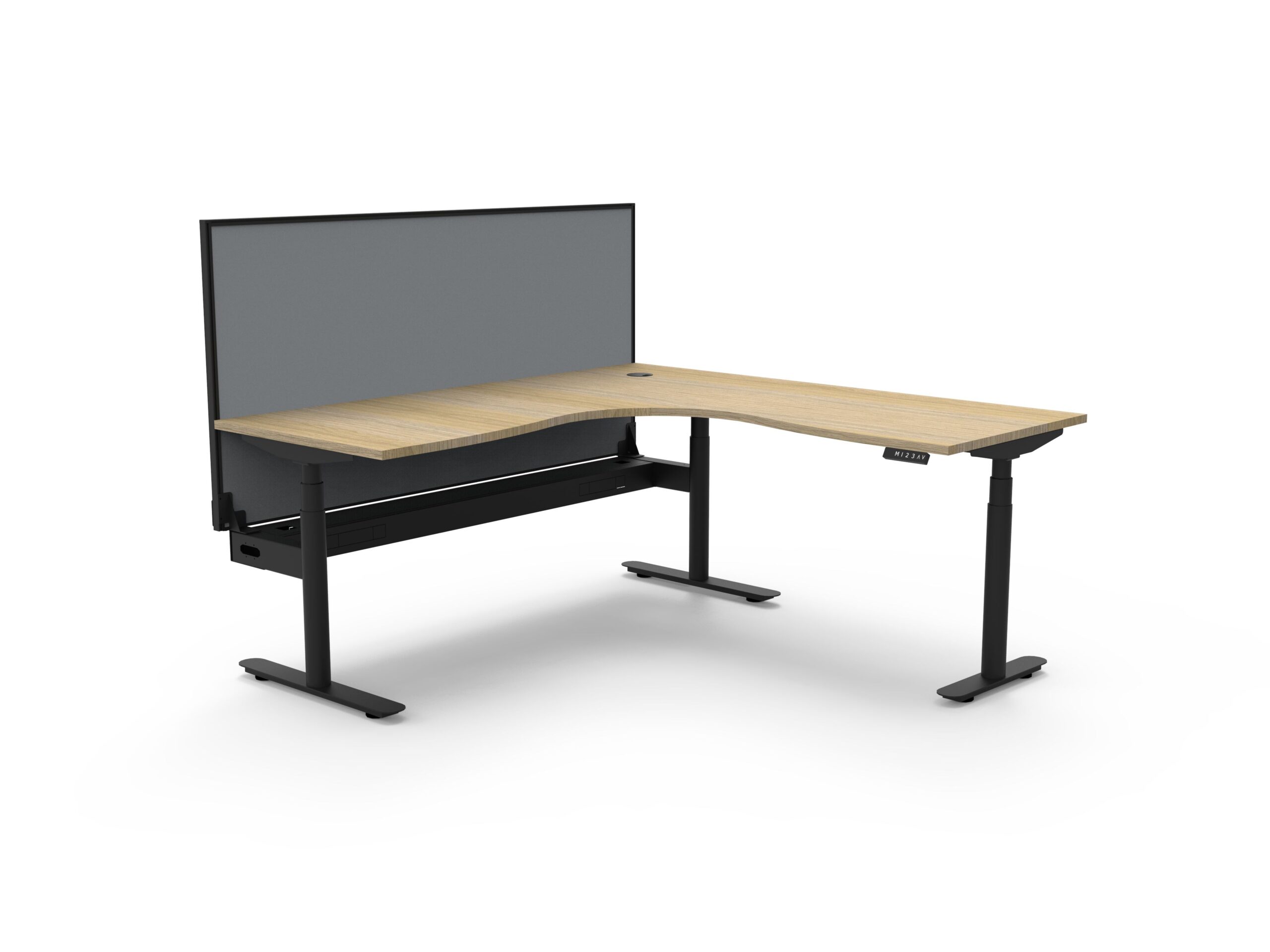 Halo+ Corner Workstation – 1800×1800mm | Natural Oak Top, Black Satin Frame | SHUSH30 Grey Privacy Screen | Cable Tray