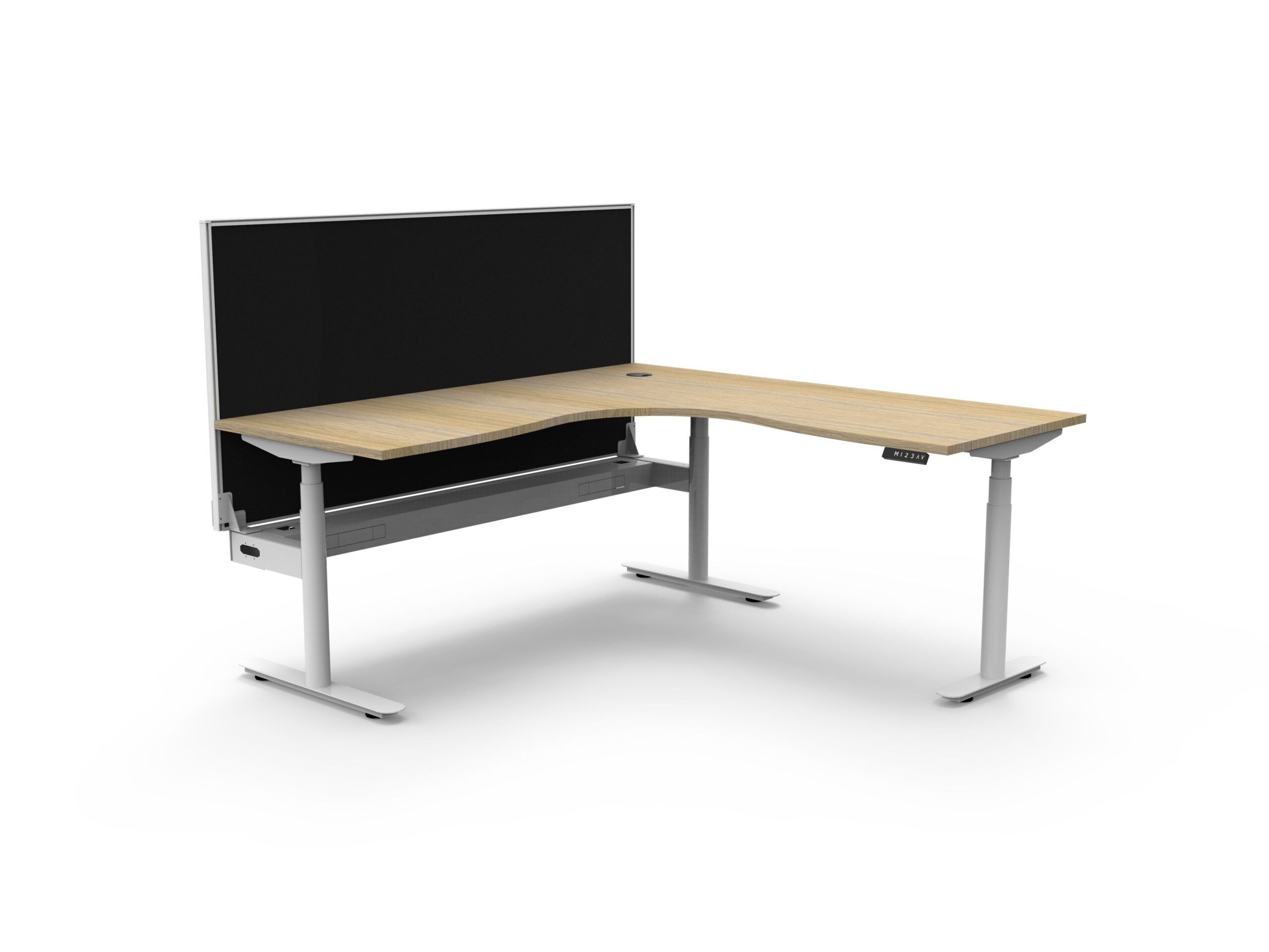 Halo+ Corner Workstation – 1800×1800mm | Natural Oak Top, White Satin Frame | SHUSH30 Black Privacy Screen | Cable Tray