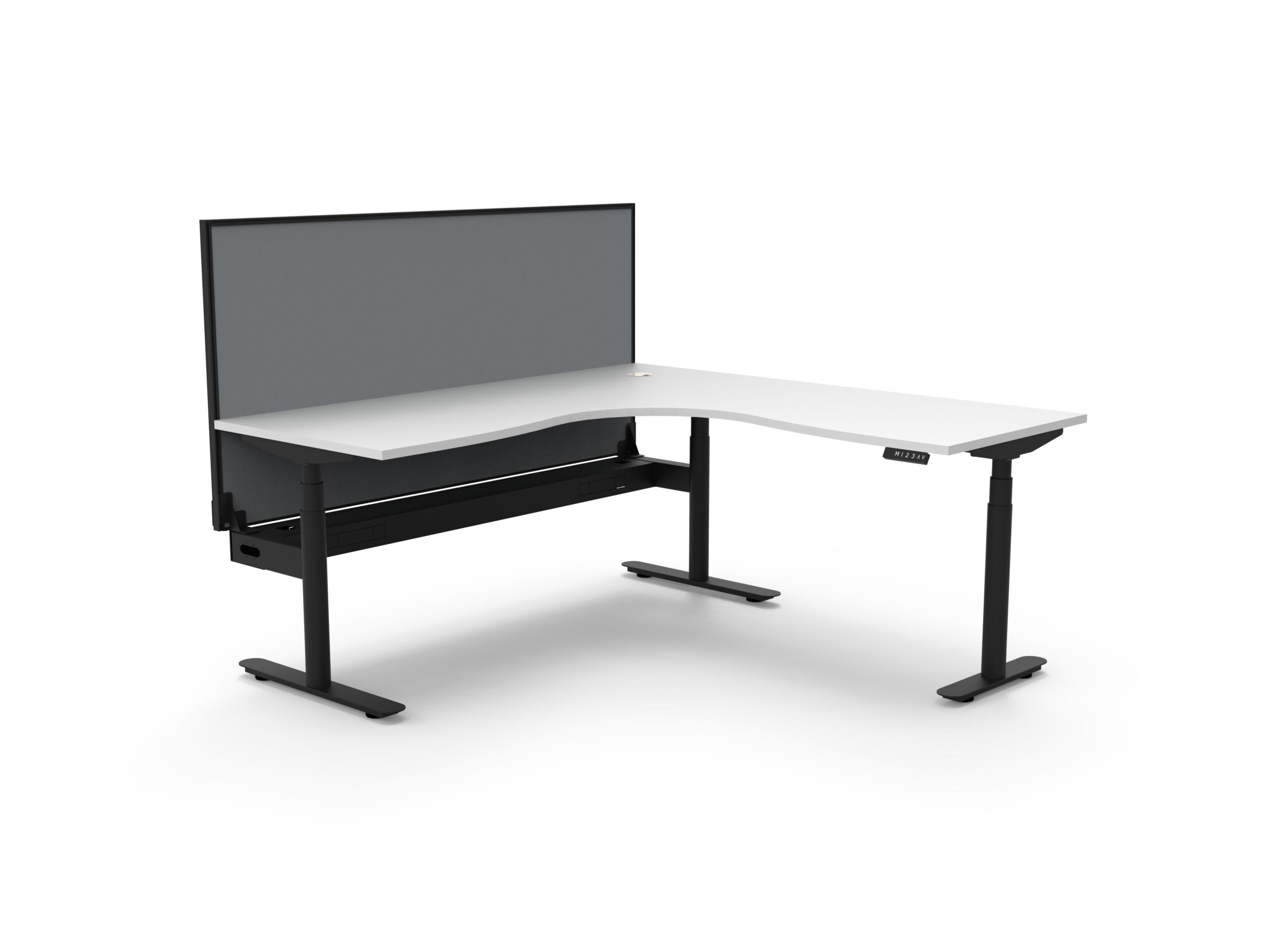 Halo+ Corner Workstation | Height Adjustable Desk 1800x1800mm x 750mm | Natural White Top, Black Satin Frame, Grey SHUSH30 Screen