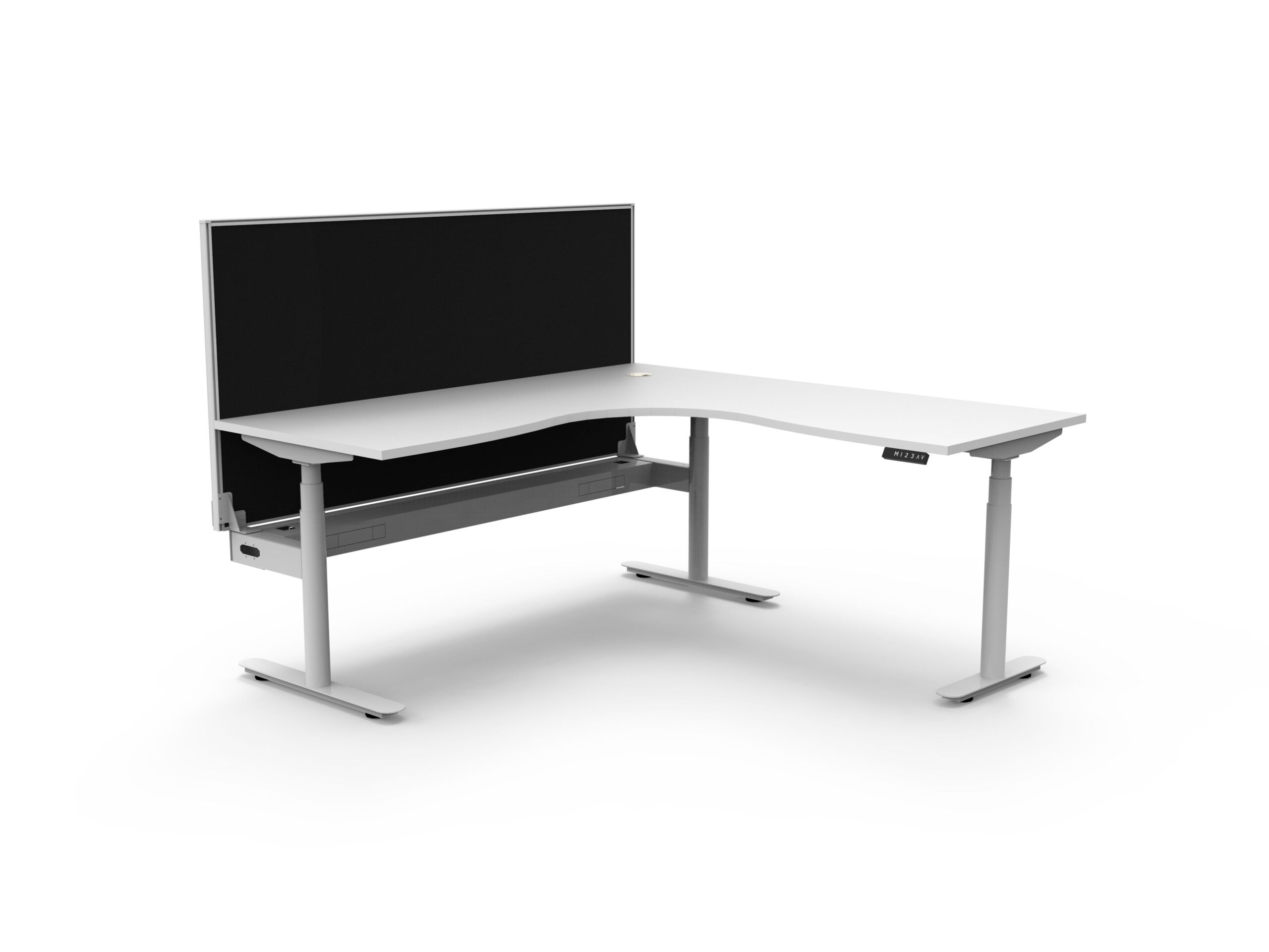 Halo+ Corner Workstation | Height Adjustable Desk 1800x1800mm x 750mm | Natural White Top, White Satin Frame, Black SHUSH30 Screen