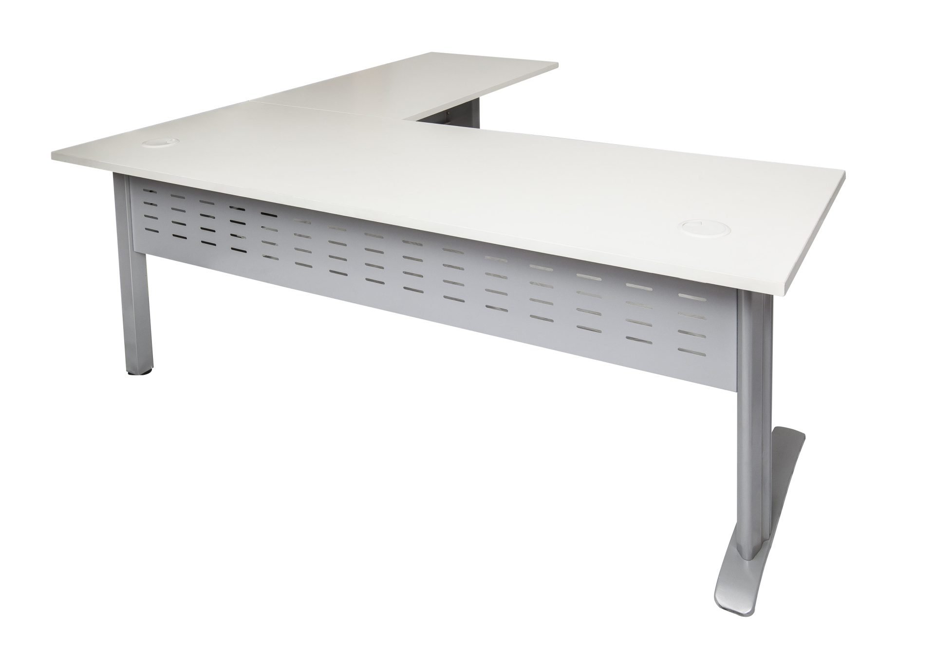 Rapid Span Desk & Return – Natural White Top, Precious Silver Base | 1800 × 1800mm