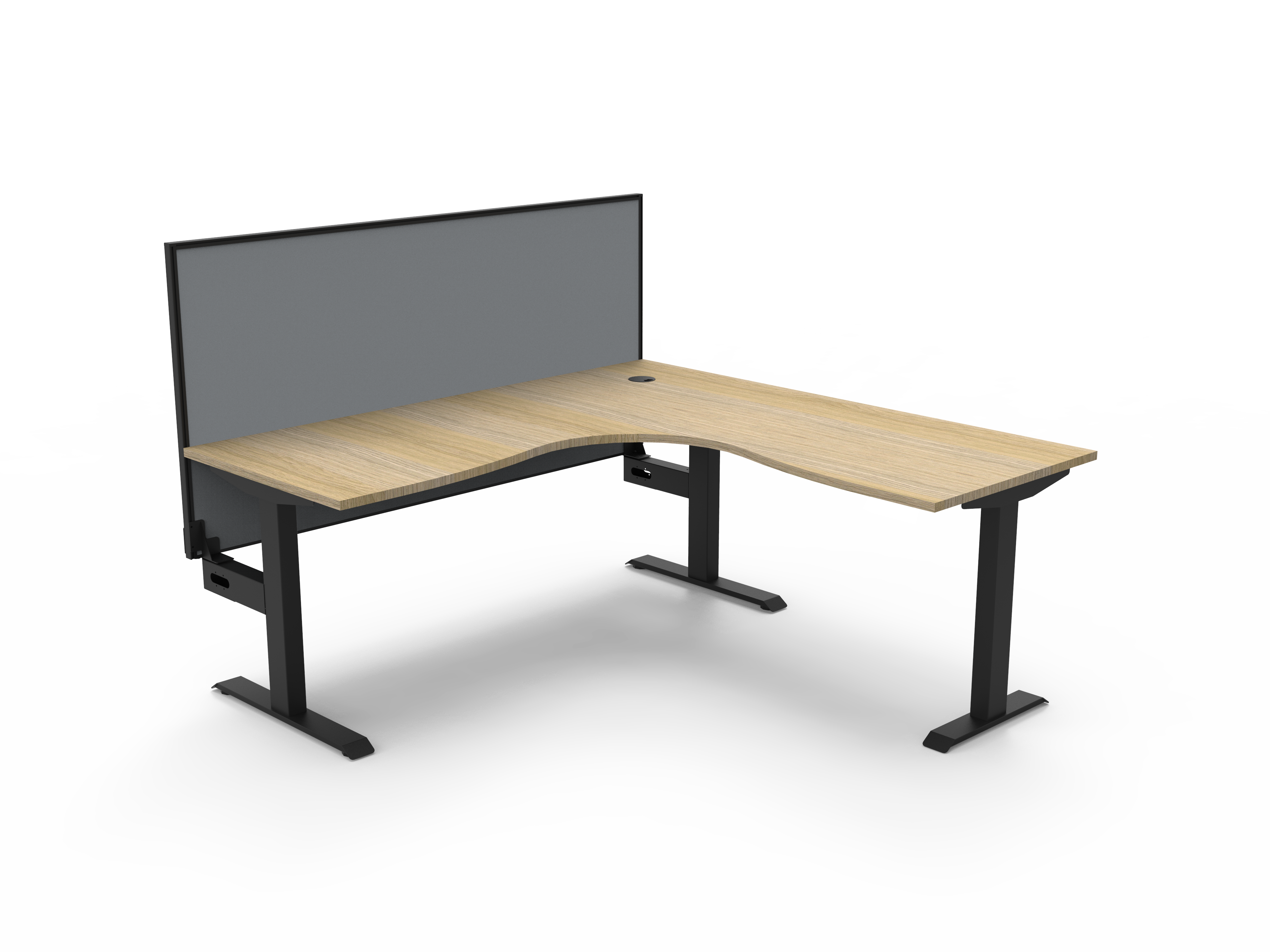 Rapidline Boost Static Corner Workstation – Natural Oak Top, Black Satin Frame, Grey Screen (1800 × 1800 × 750mm)