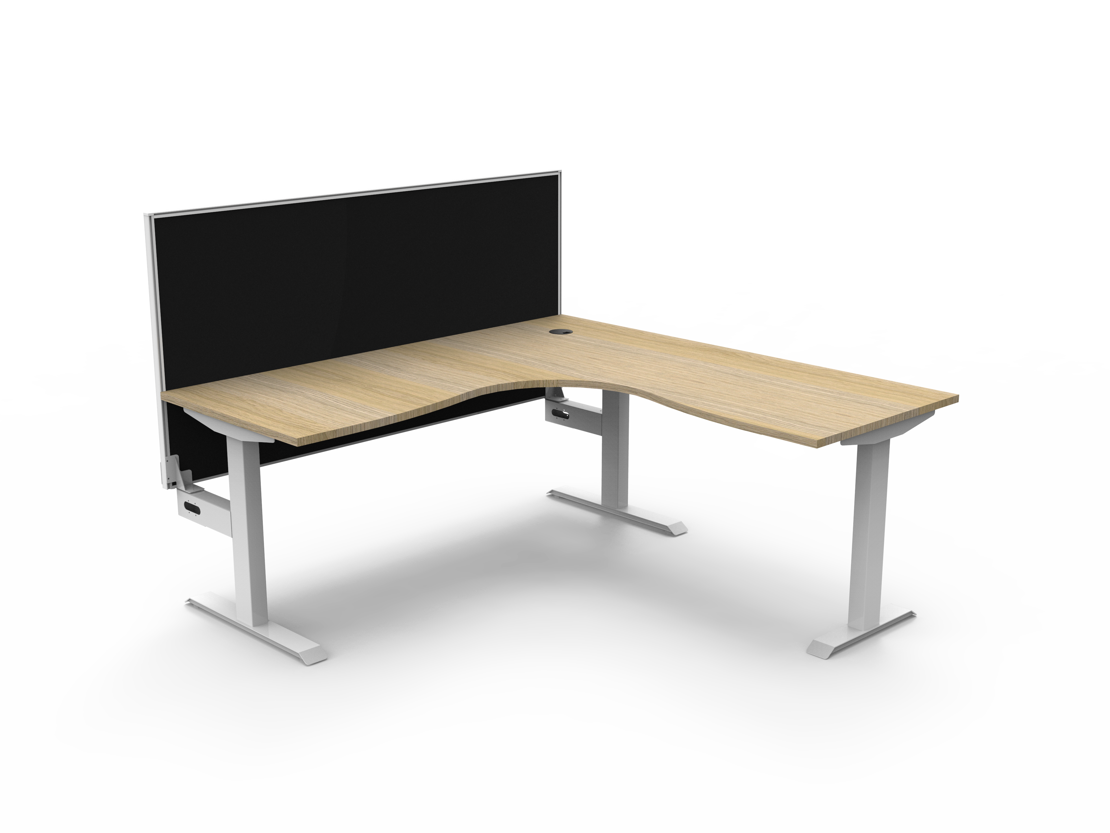 Rapidline Boost Static Corner Workstation – Natural Oak Top, White Satin Frame, Black Screen (1800 × 1800 × 750mm)