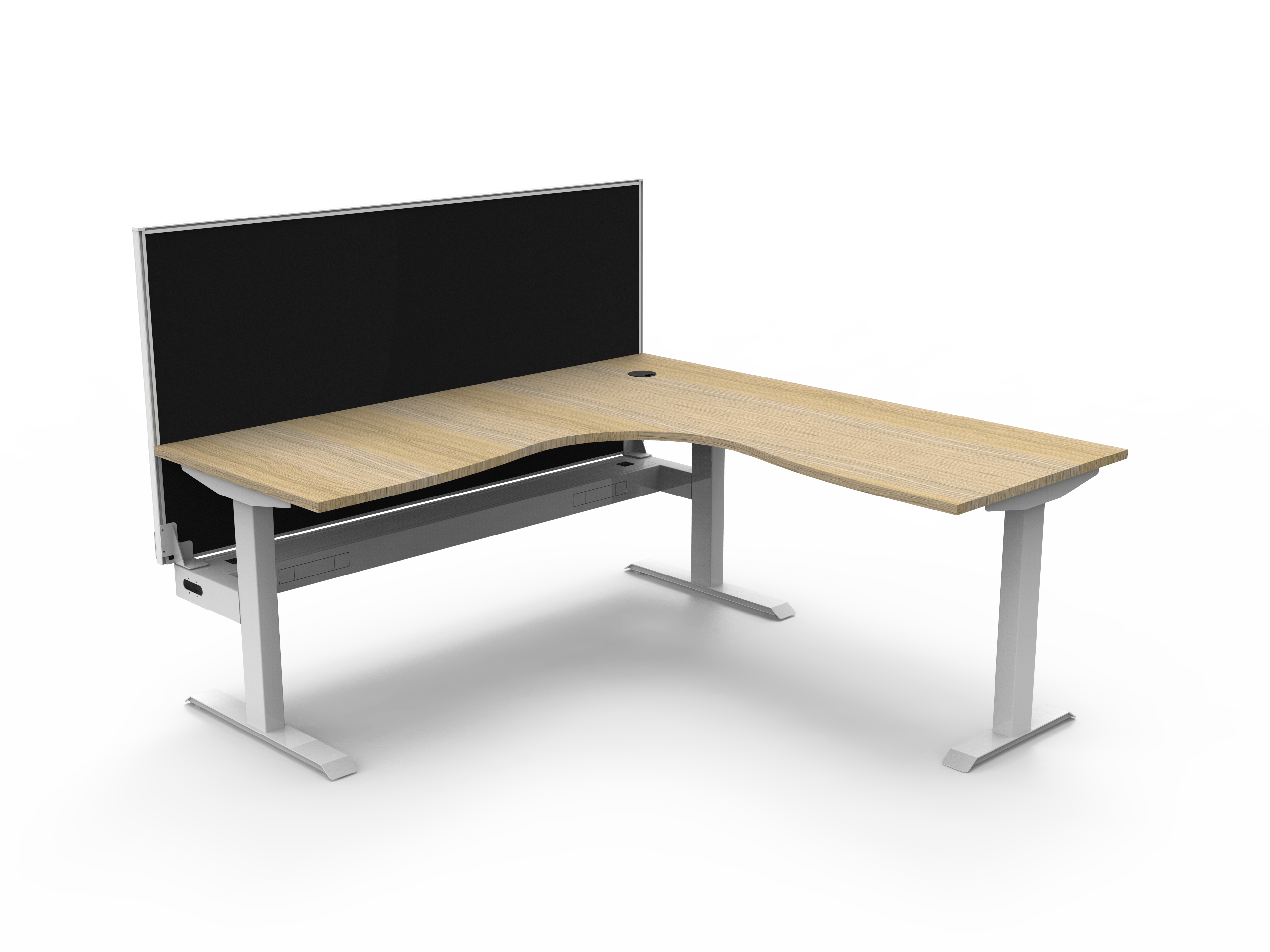Rapidline Boost Static Corner Workstation – 1800×1800mm, Natural Oak Top, White Satin Frame, Cable Tray & Privacy Screen