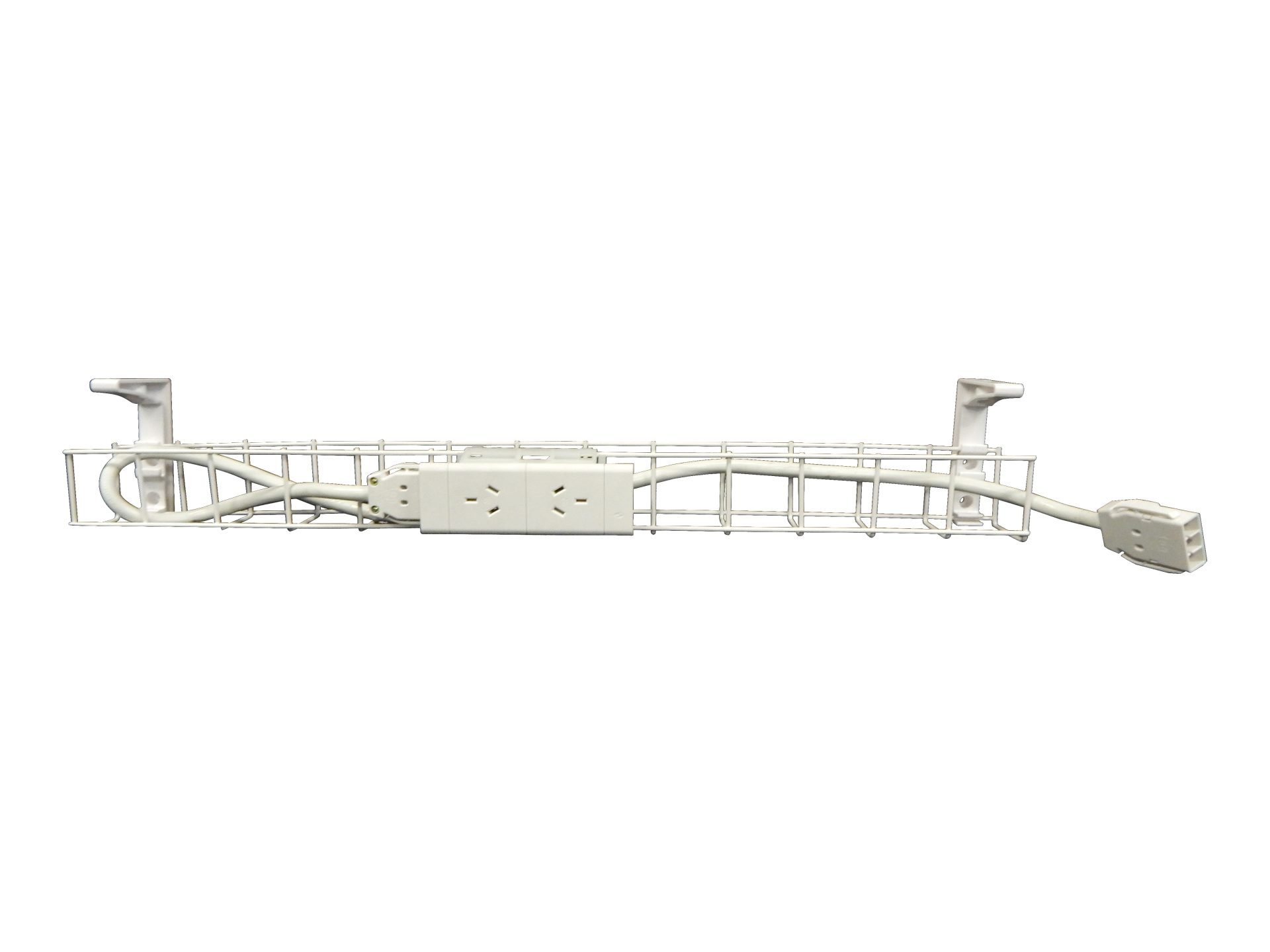 Rapidline Single Tier Cable Basket – White | 950mm | 2× GPO | Under-Desk Power Management