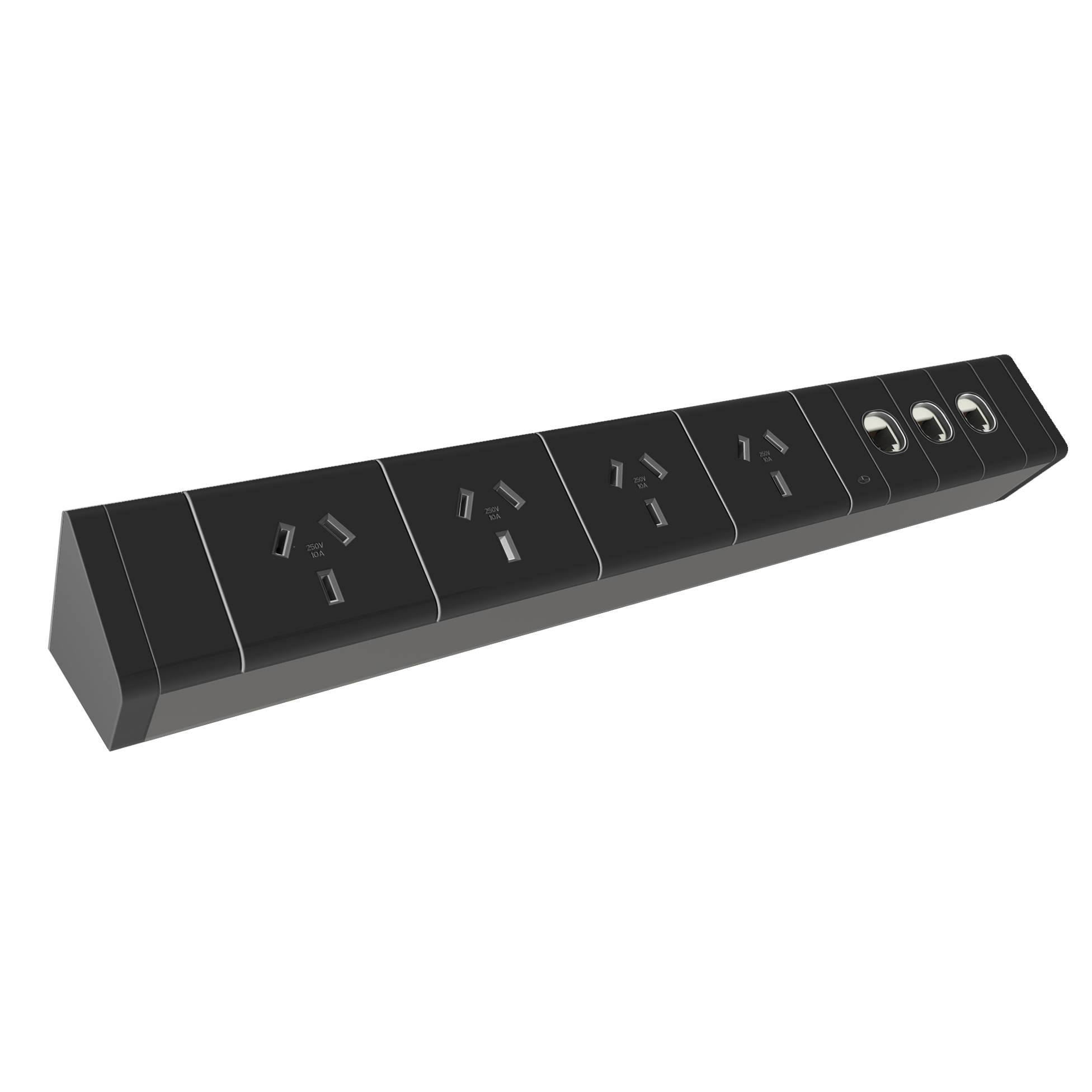 Rapidline Wiring Power Rail – 4 GPO, 3 Data Ports, Black | Desk-Mounted