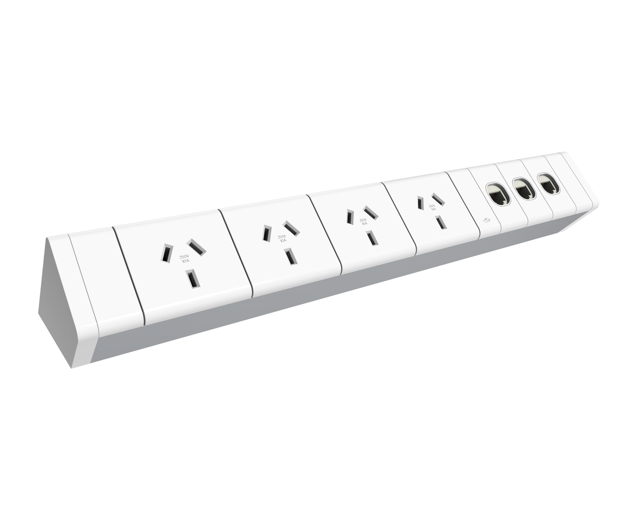 Rapidline Wiring Power Rail – 4 GPO, 3 Data Ports, White | Desk-Mounted