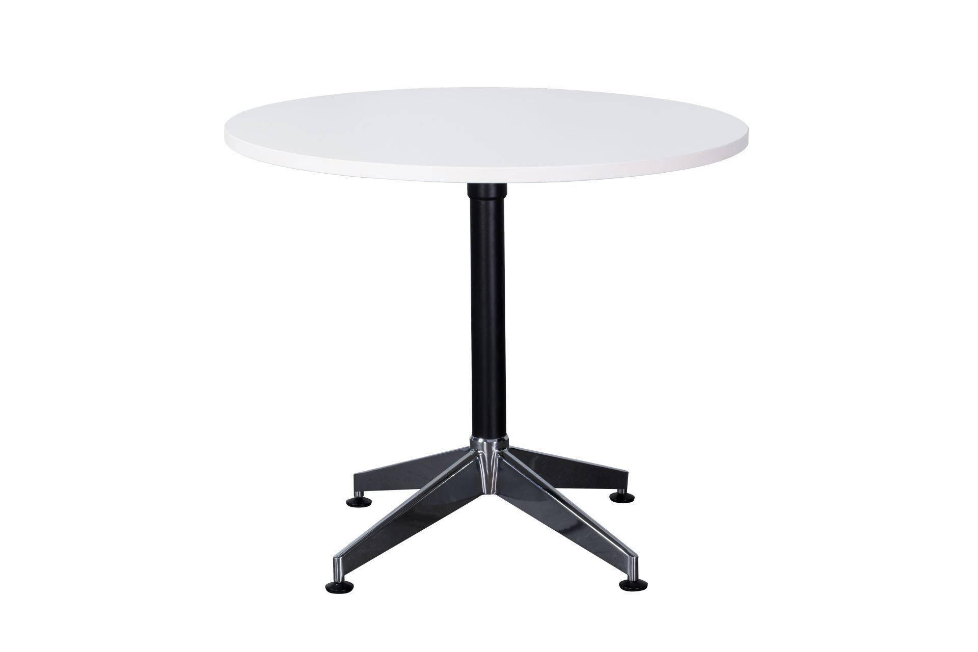 Typhoon Round Meeting Table – 900mm Natural White Top, Black & Polished Aluminium 4-Star Base