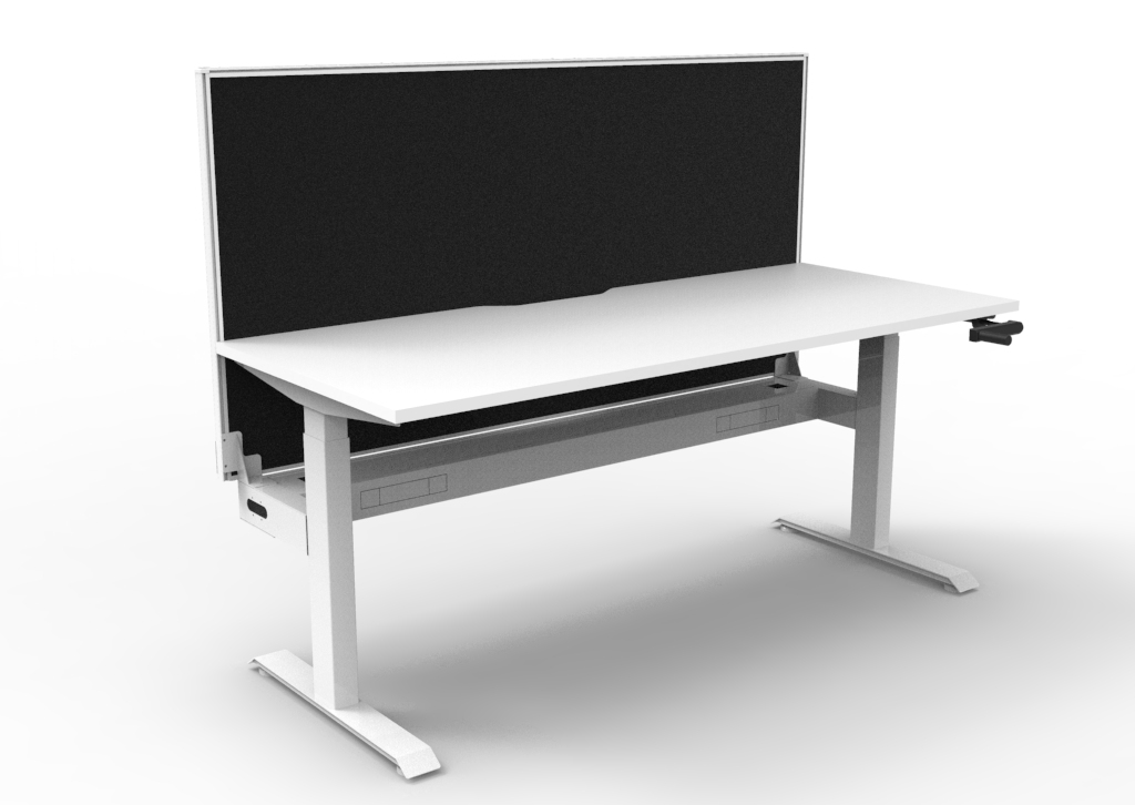 Rapidline Boost Crank Desking – 1200mm Single Sided, Natural White Top, White Satin Frame, Black Privacy Screen