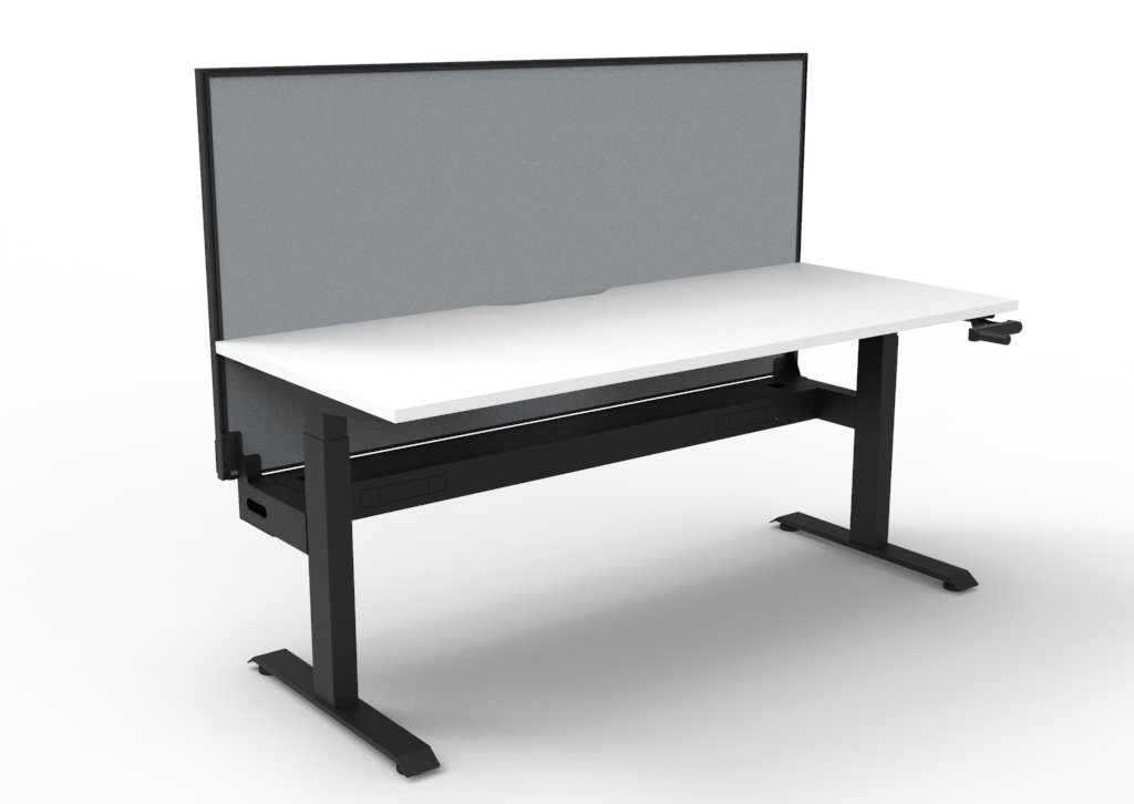 Rapidline Boost Crank Desking – 1500mm Single Sided, Natural White Top, Black Satin Frame, Grey Privacy Screen