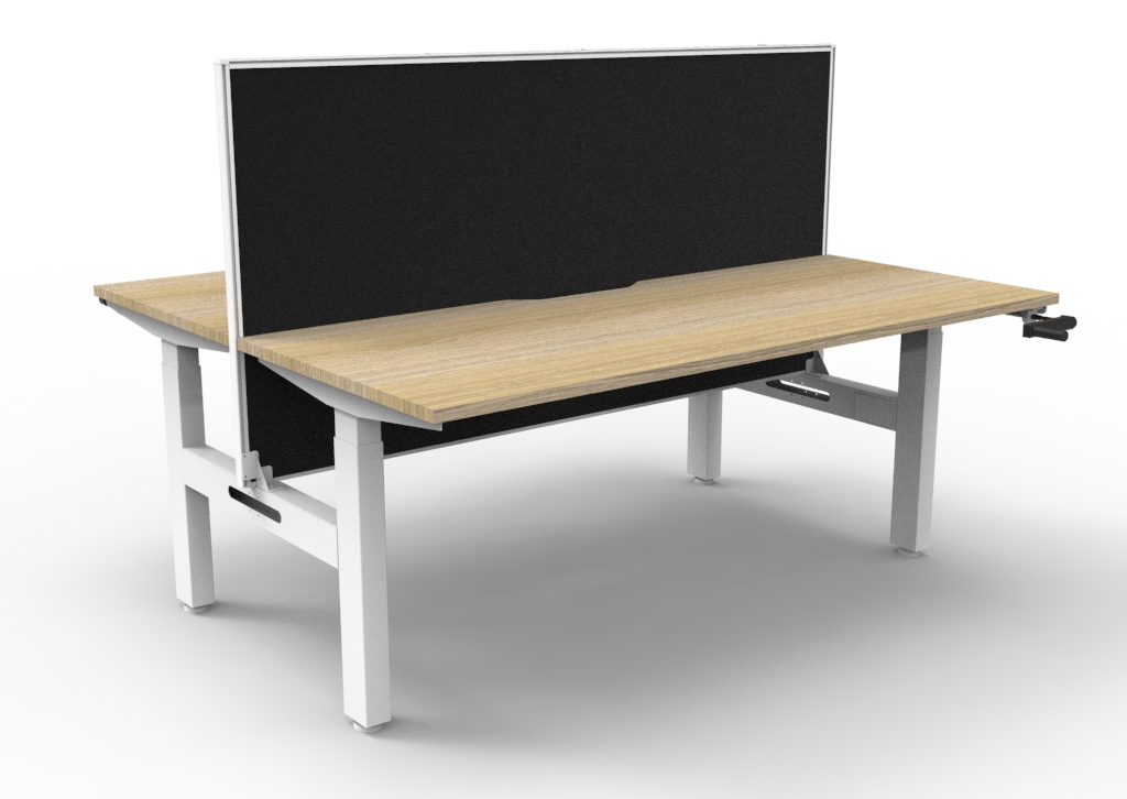 Rapidline Boost Crank Back-to-Back Workstation – 1200 x 750mm | Natural Oak Top, White Satin Frame, SHUSH30 Screen (Black Fabric)