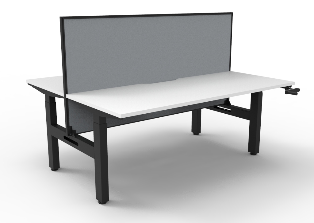 Rapidline Boost Crank Back-to-Back Workstation – 1500mm W x 750mm D, Natural White Top, Black Satin Frame, Grey Fabric SHUSH30 Screen