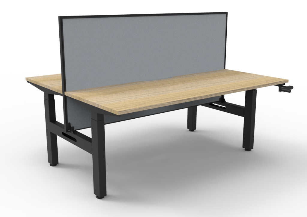 Rapidline Boost Crank Back-to-Back Workstation – 1800mm W x 750mm D, Natural Oak Top, Black Satin Frame, Grey Fabric Privacy Screen