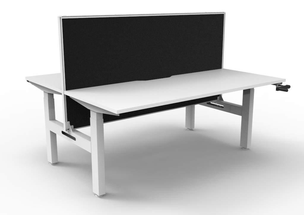 Rapidline Boost Crank Back-to-Back Workstation 1800W x 750D | Natural White Top, White Satin Frame, Black Fabric Privacy Screen