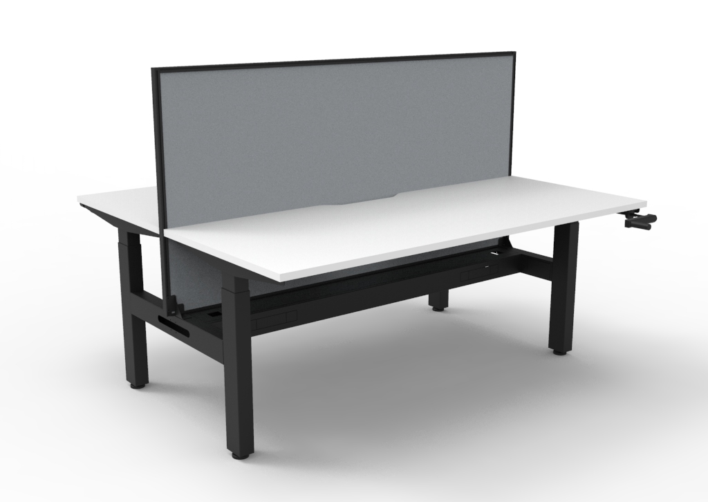 Rapidline Boost Crank Back-to-Back Workstation 1200W x 750D | Natural White Top, Black Satin Frame, Cable Tray, Grey Fabric Privacy Screen