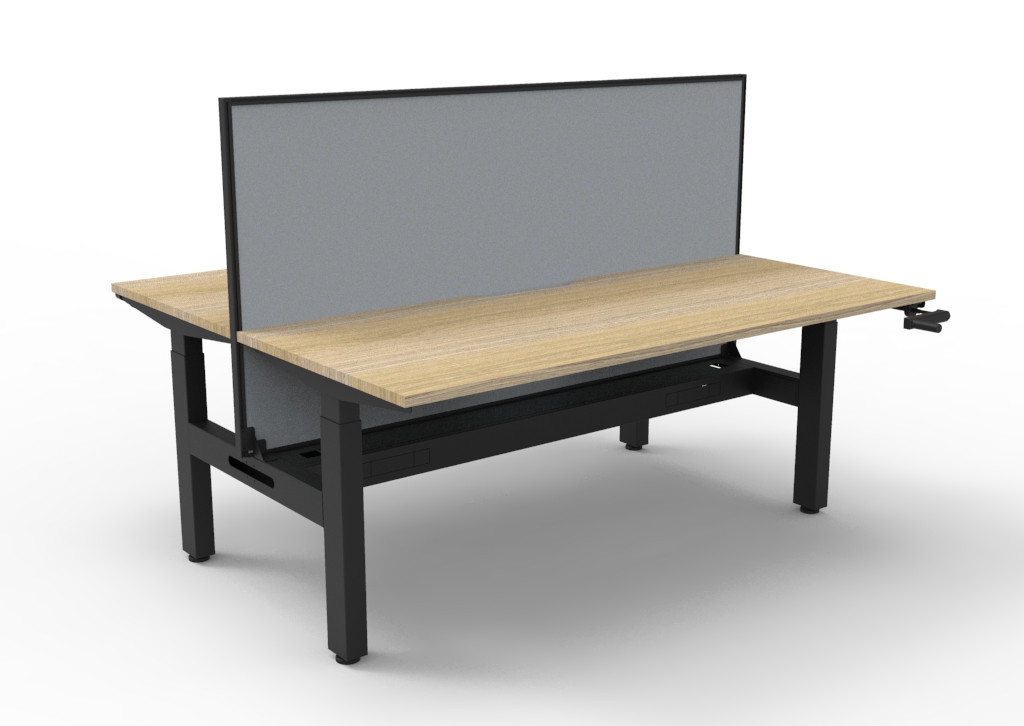 Rapidline Boost Crank Back-to-Back Desk – 1500×750mm, Natural Oak Top & Black Satin Frame, Cable Tray + Grey SHUSH30 Privacy Screen