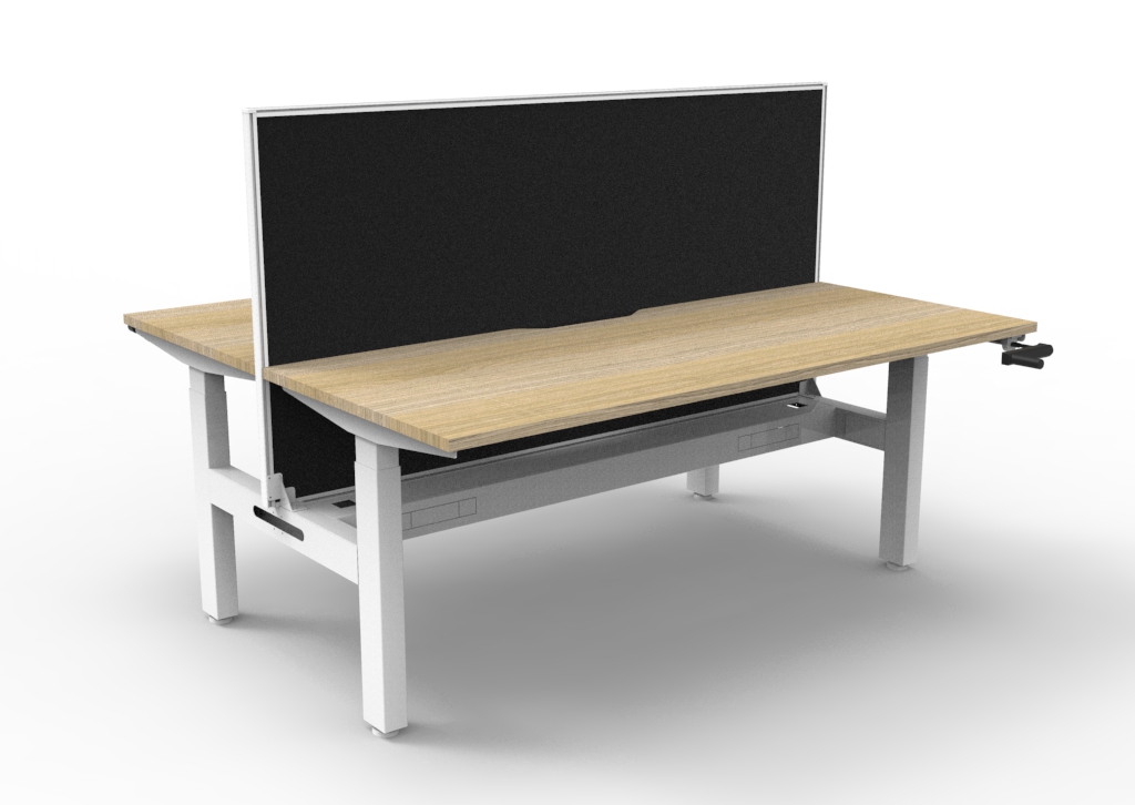 Rapidline Boost Crank Back-to-Back Desk – 1500×750mm, Natural Oak Top & White Satin Frame, Cable Tray + Black SHUSH30 Privacy Screen
