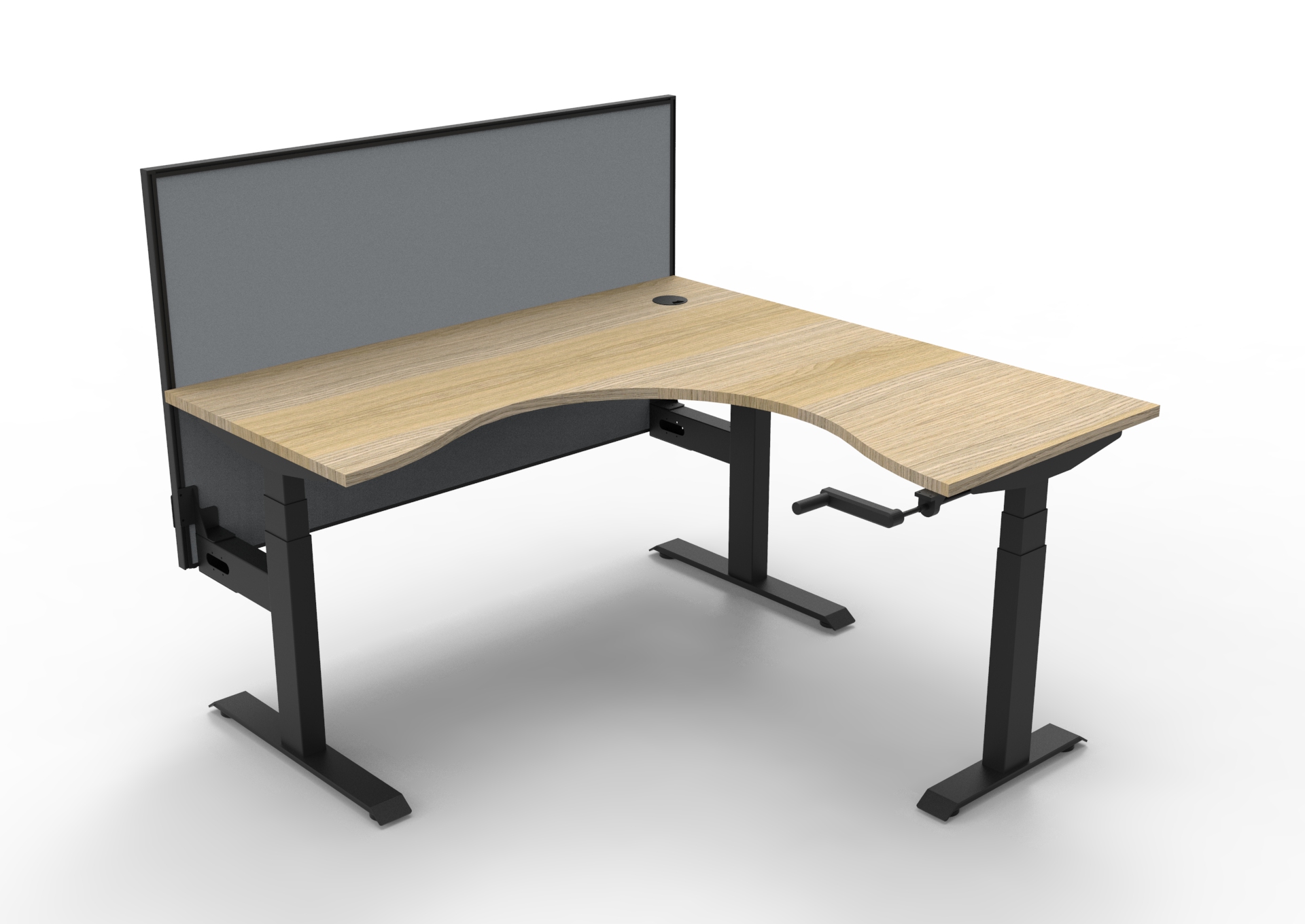 Rapidline Boost Crank Corner Workstation | 1500×1500mm | Natural Oak Top, Black Satin Frame | SHUSH30 Grey Fabric Screen