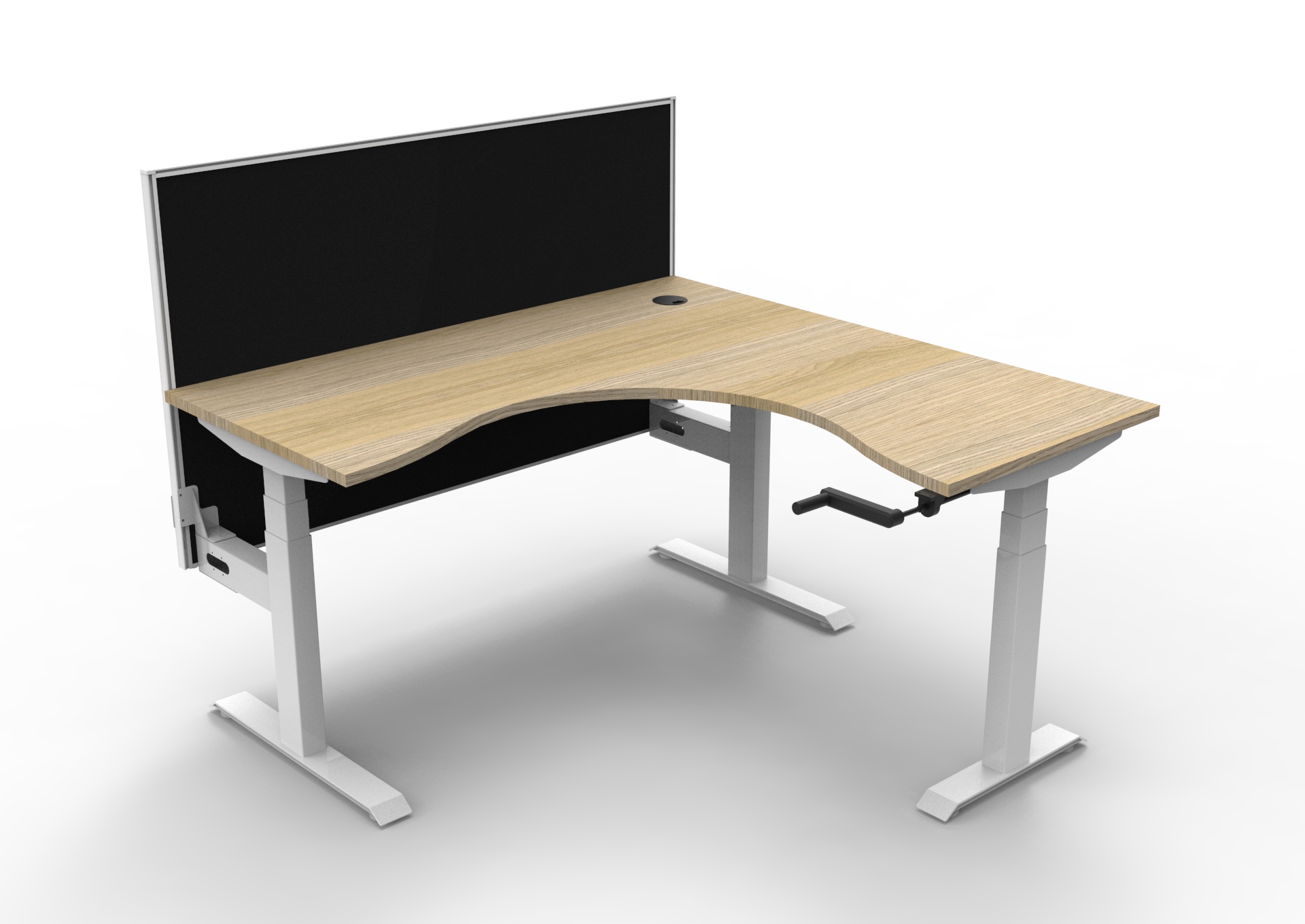 Rapidline Boost Crank Corner Workstation | 1500×1500mm | Natural Oak Top, White Satin Frame | SHUSH30 Black Fabric Screen