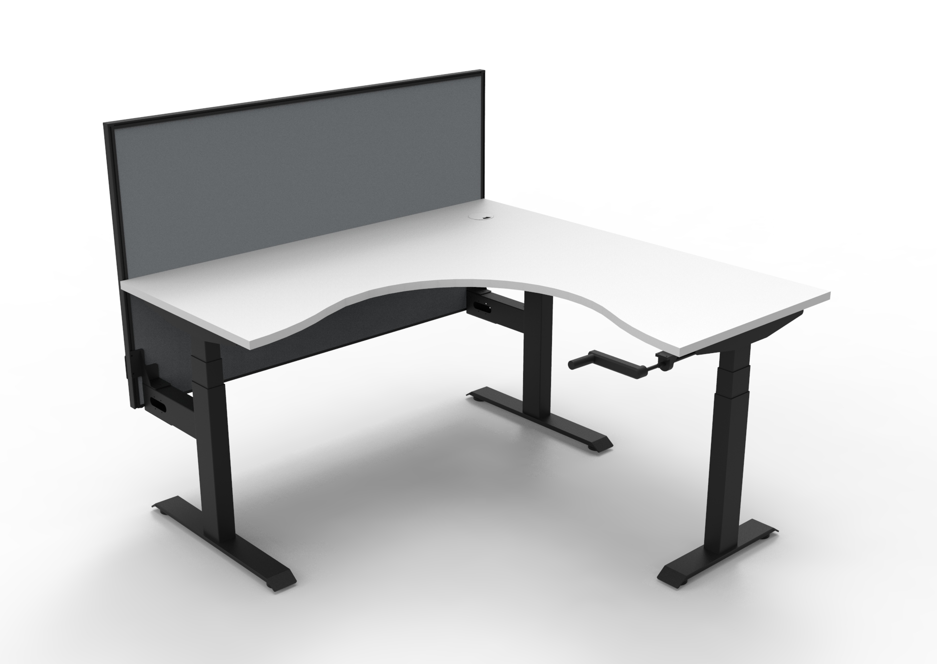 Rapidline Boost Crank Corner Workstation | 1500×1500mm | Natural White Top, Black Satin Frame | SHUSH30 Grey Fabric Screen