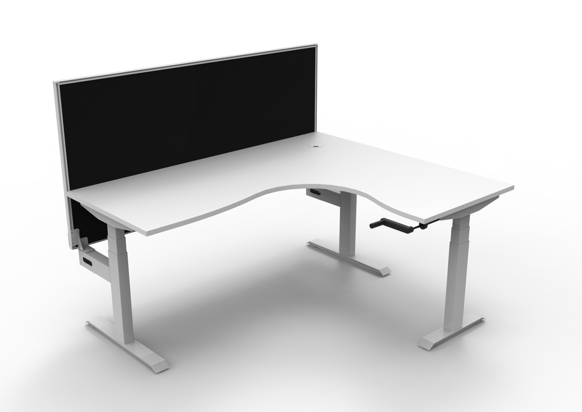 Rapidline Boost Crank Corner Workstation | 1800×1500×750mm | Natural White Top & White Satin Frame | Black Fabric Privacy Screen