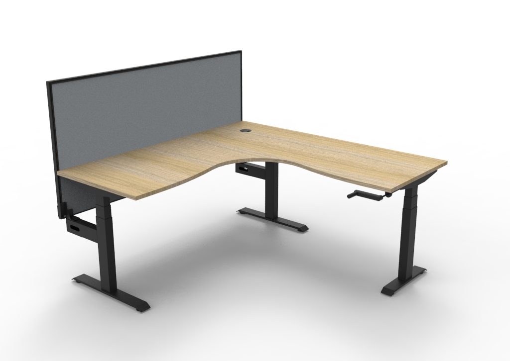 Rapidline Boost Crank Corner Workstation | 1800×1800×750mm | Natural Oak Top & Black Satin Frame | Grey Fabric Privacy Screen