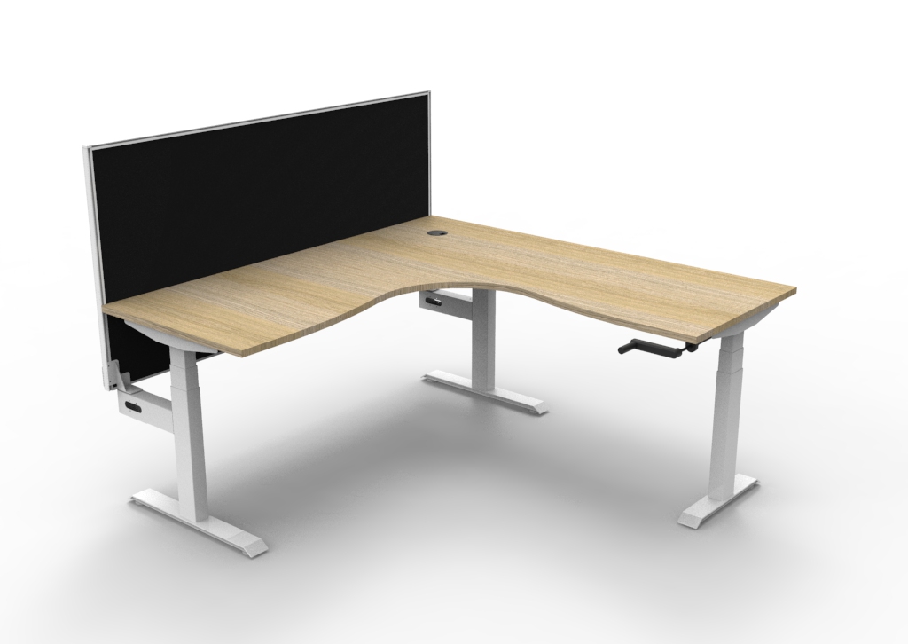 Rapidline Boost Crank Corner Workstation | 1800×1800×750mm | Natural Oak Top & White Satin Frame | Black Fabric Privacy Screen