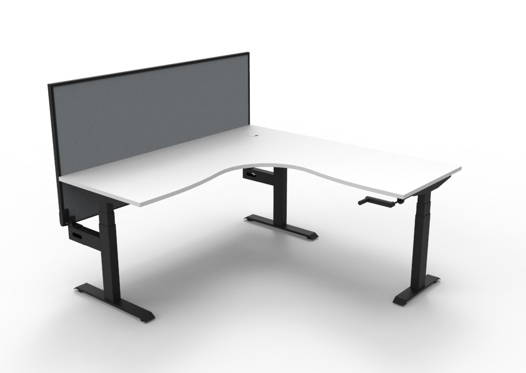 Rapidline Boost Crank Corner Workstation | 1800×1800×750mm | Natural White Top & Black Satin Frame | Grey Fabric Privacy Screen