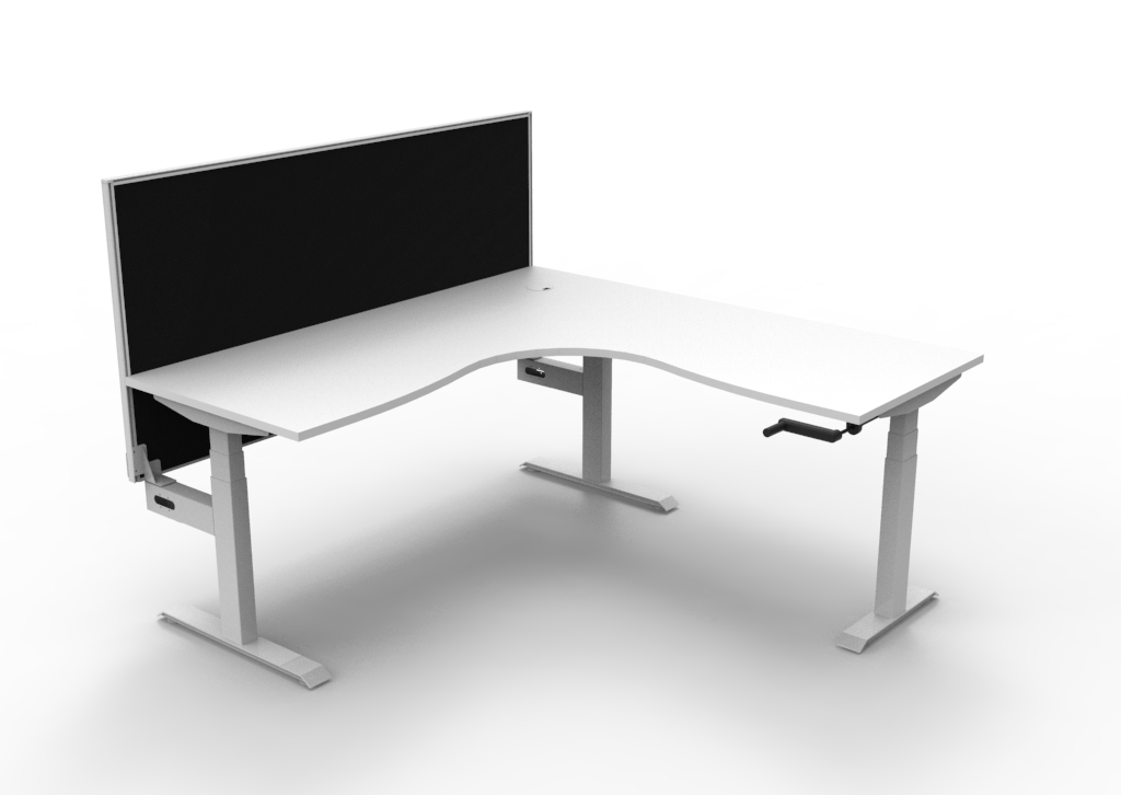Rapidline Boost Crank Corner Workstation – 1800×1800mm, Natural White Top, White Satin Frame, Black Privacy Screen