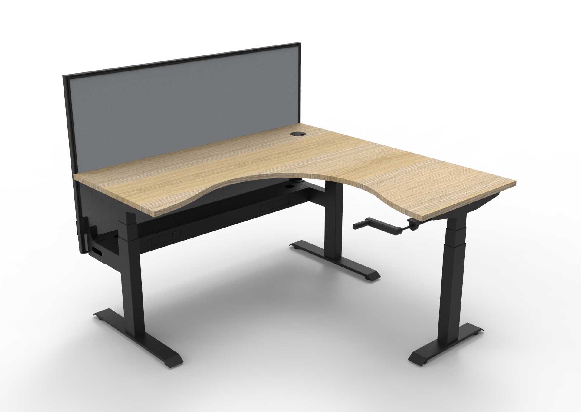 Rapidline Boost Crank Corner Workstation – 1500×1500mm, Natural Oak Top, Black Satin Frame, Cable Tray, Grey Privacy Screen