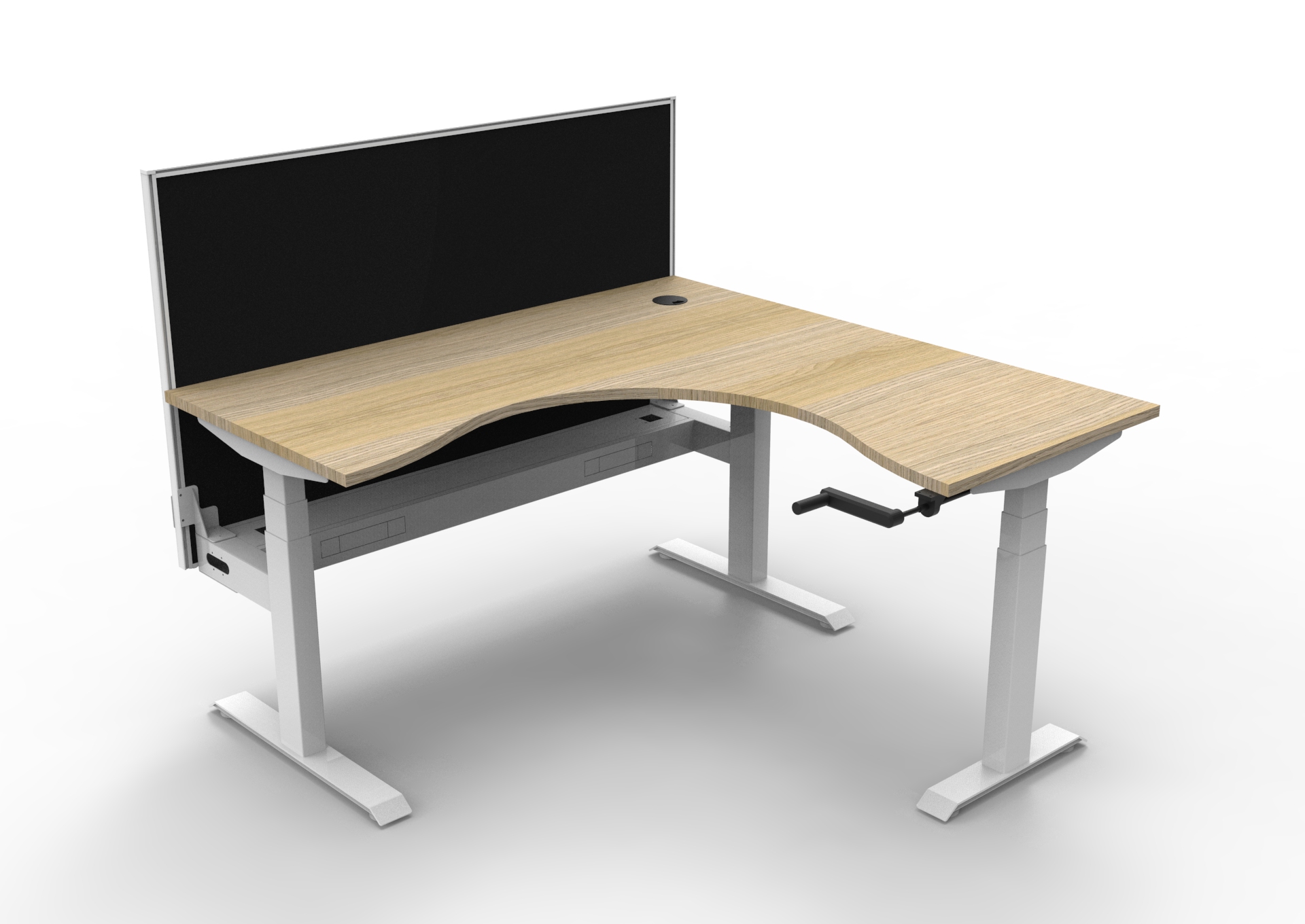 Rapidline Boost Crank Corner Workstation – 1500×1500mm, Natural Oak Top, White Satin Frame, Cable Tray, Black Privacy Screen