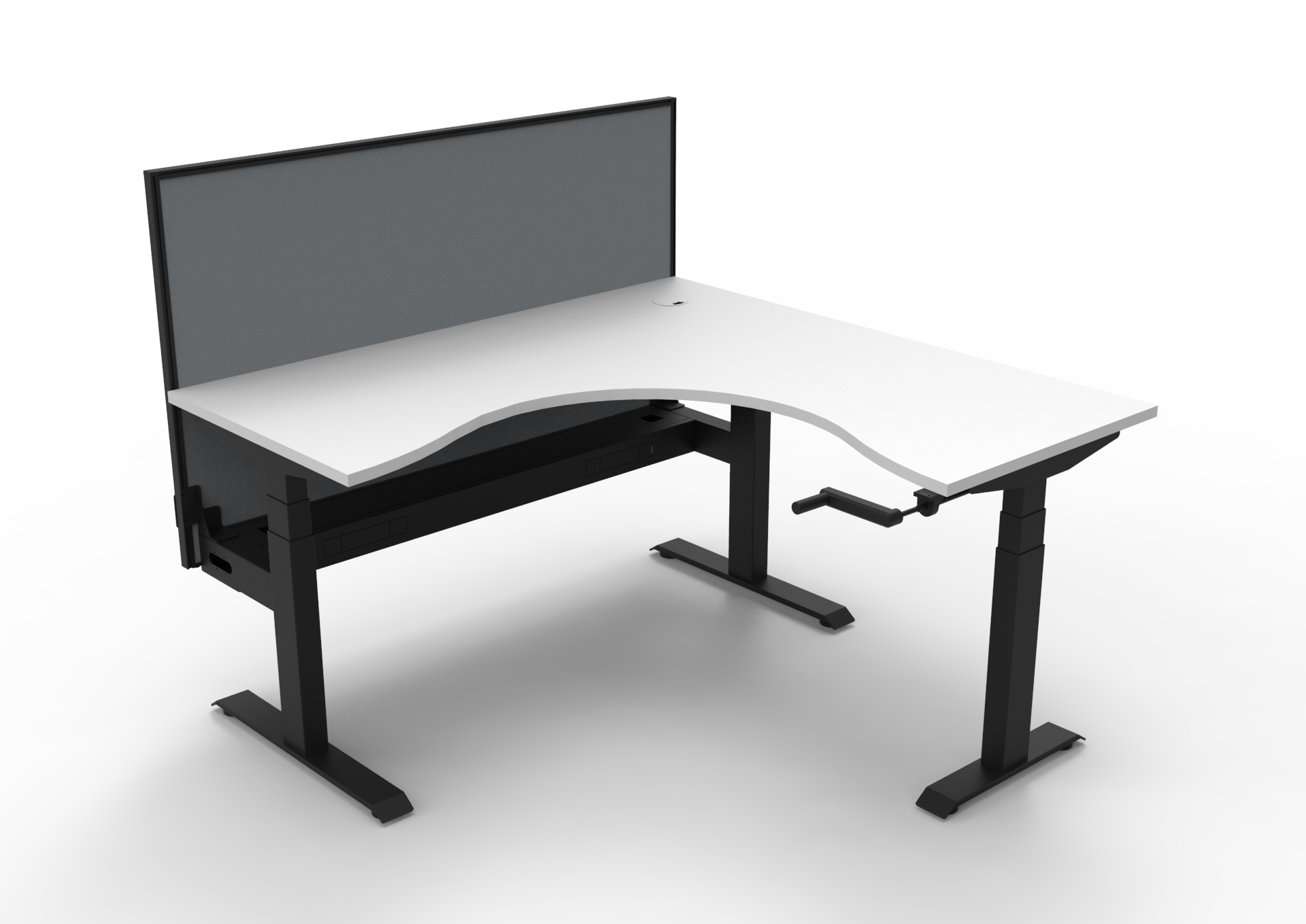 Rapidline Boost Crank Corner Workstation – 1500×1500mm, Natural White Top, Black Satin Frame, Cable Tray, Grey Privacy Screen