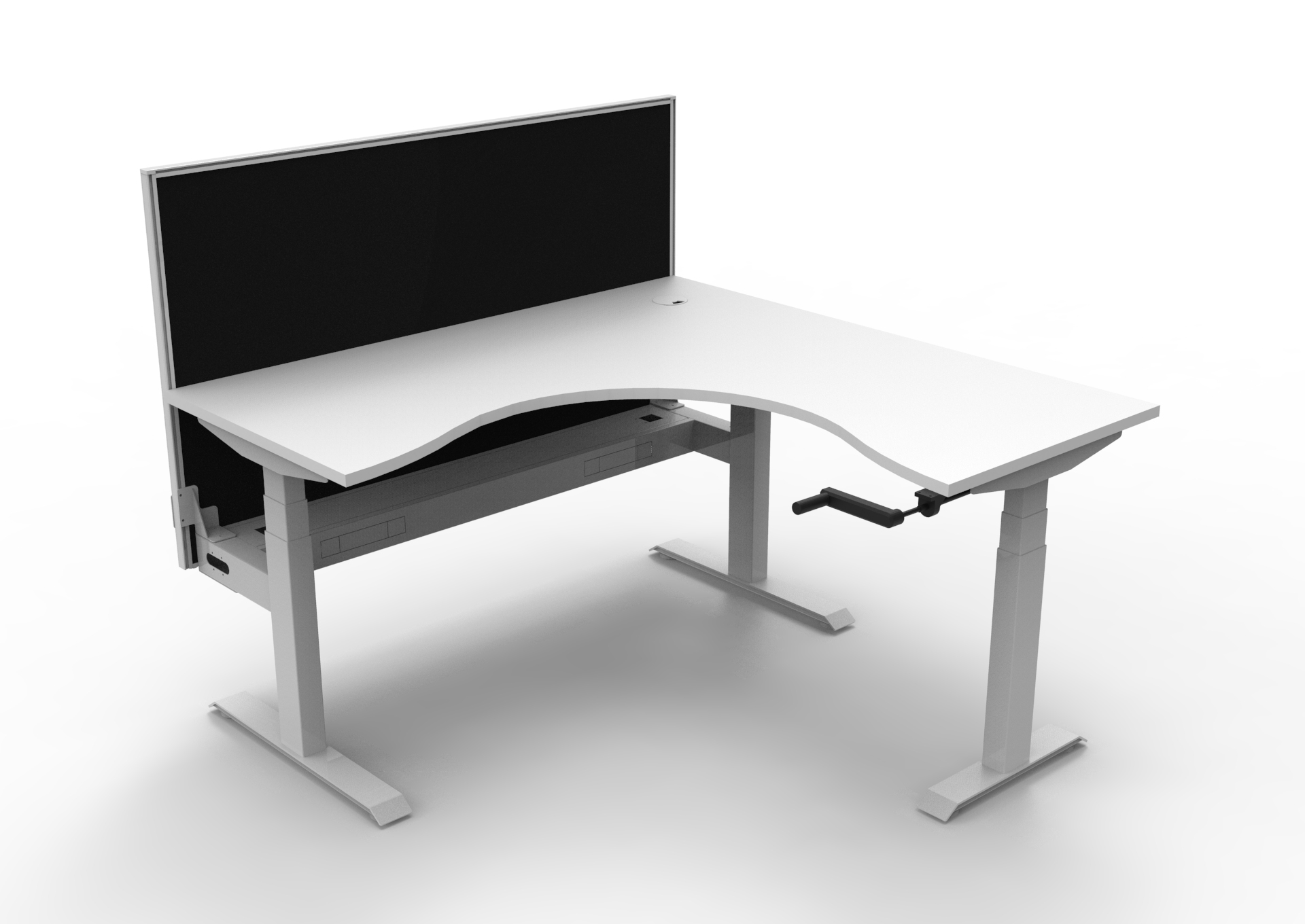 Rapidline Boost Crank Corner Workstation 1500×1500mm | Natural White Top, White Satin Frame, Black Privacy Screen