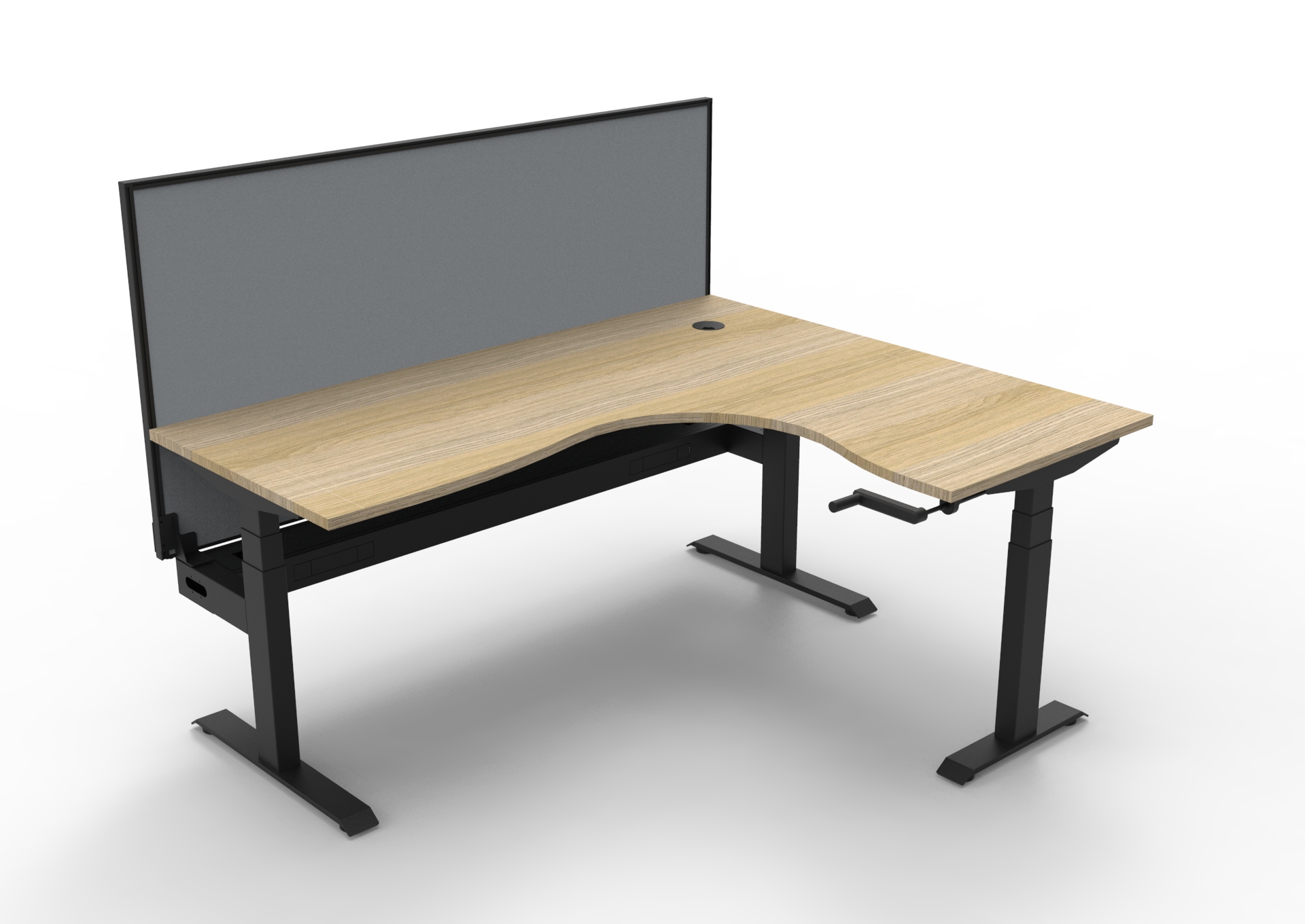 Rapidline Boost Crank Corner Workstation 1800×1500mm | Natural Oak Top, Black Satin Frame, Grey Privacy Screen
