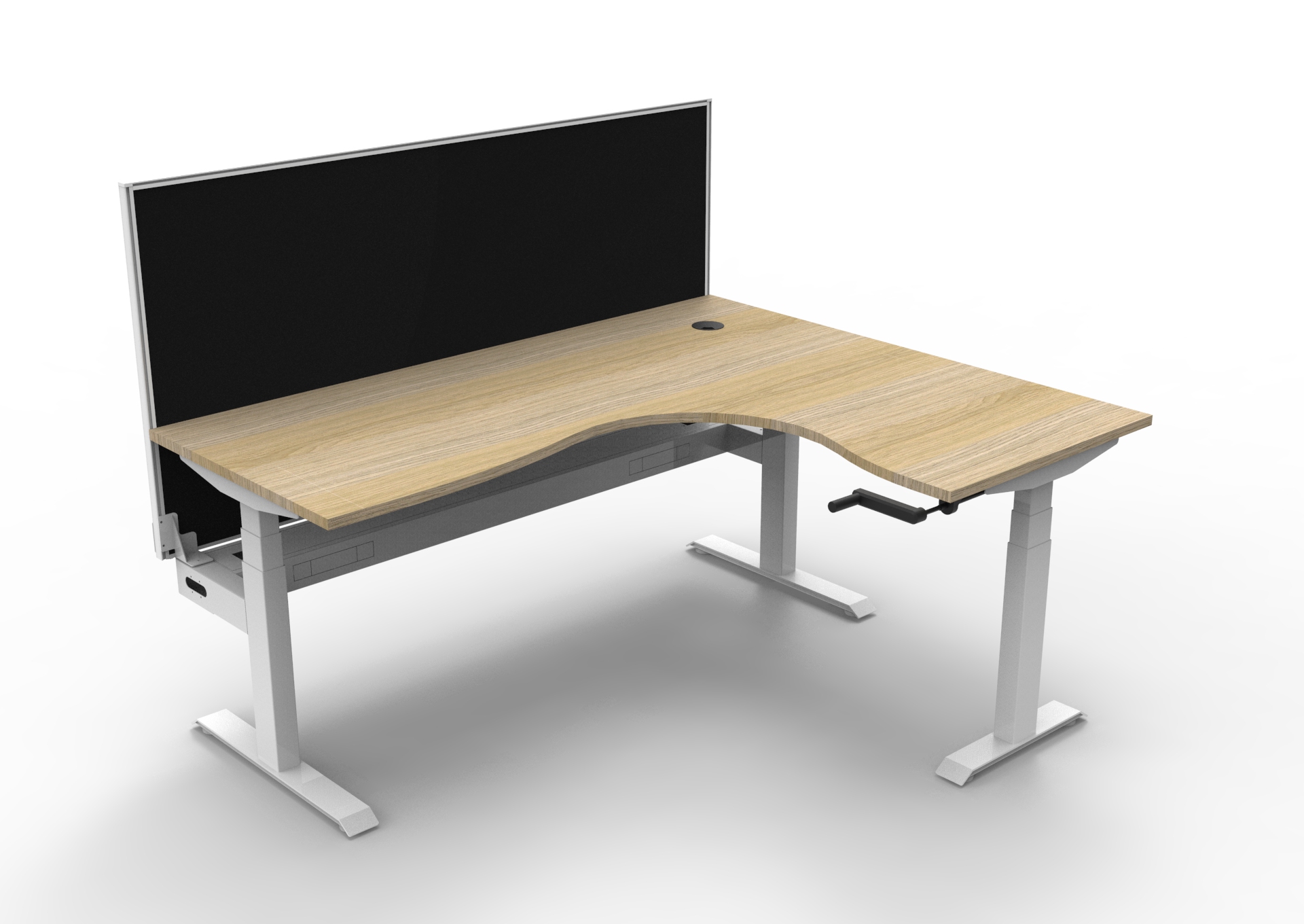 Rapidline Boost Crank Corner Workstation 1800×1500mm | Natural Oak Top, White Satin Frame, Black Privacy Screen