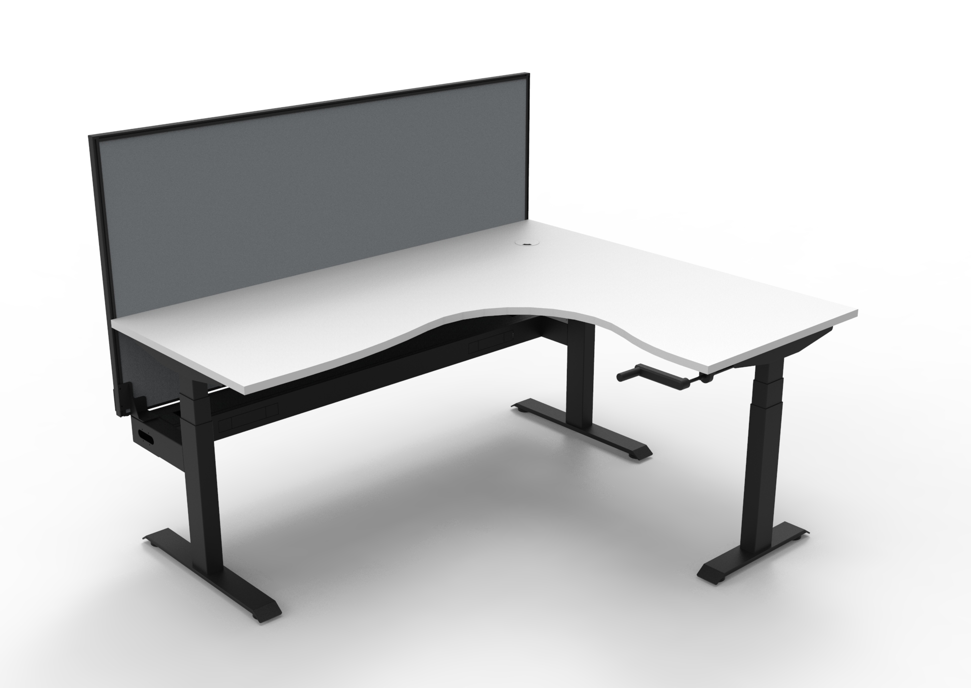 Rapidline Boost Crank Corner Workstation 1800×1500mm | Natural White Top, Black Satin Frame, Grey Privacy Screen