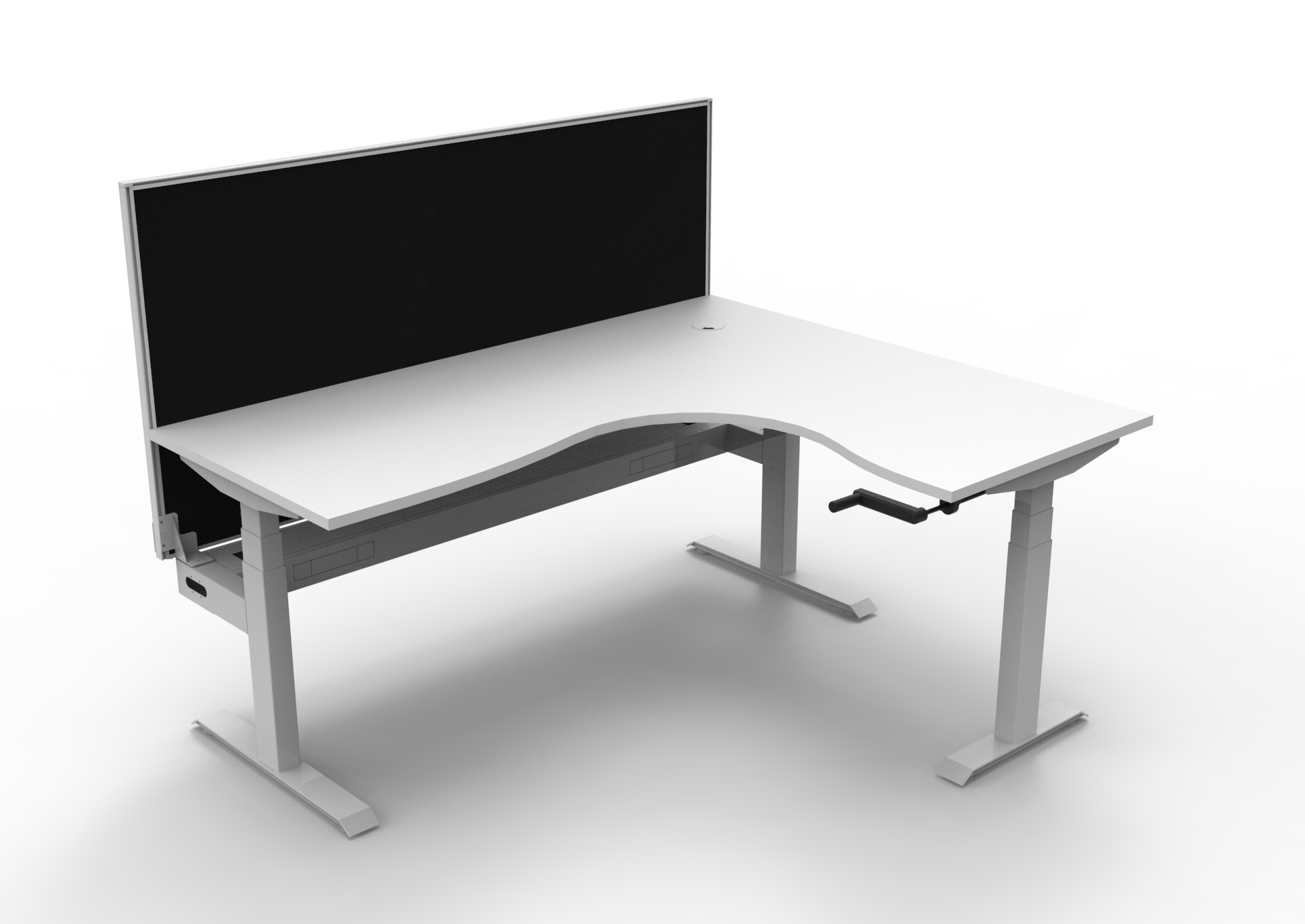 Rapidline Boost Crank Corner Workstation | 1800×1500mm | Natural White Top, White Satin Frame, Black Privacy Screen