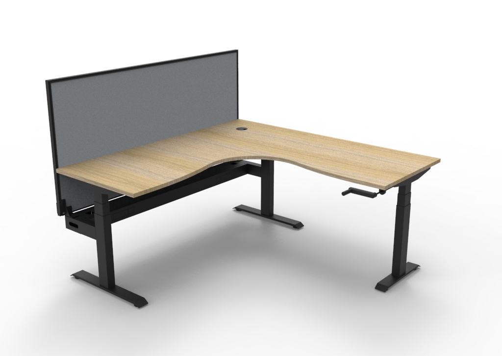 Rapidline Boost Crank Corner Workstation | 1800×1800mm | Natural Oak Top, Black Satin Frame, Grey Privacy Screen