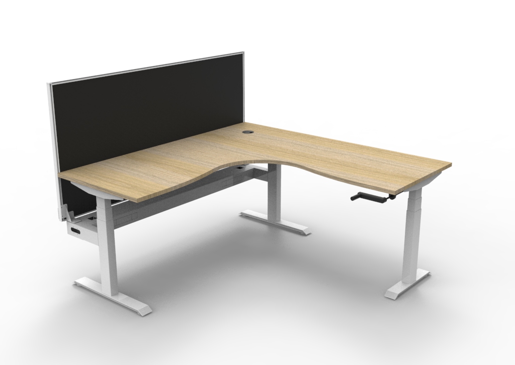 Rapidline Boost Crank Corner Workstation | 1800×1800mm | Natural Oak Top, White Satin Frame, Black Privacy Screen