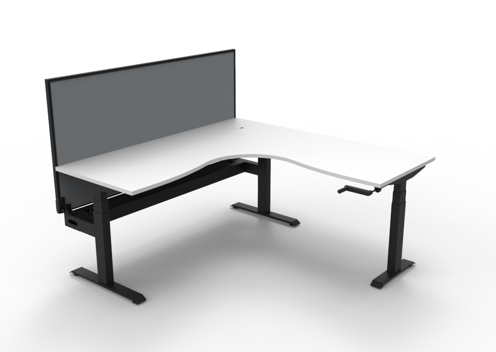 Rapidline Boost Crank Corner Workstation | 1800×1800mm | Natural White Top, Black Satin Frame, Grey Privacy Screen