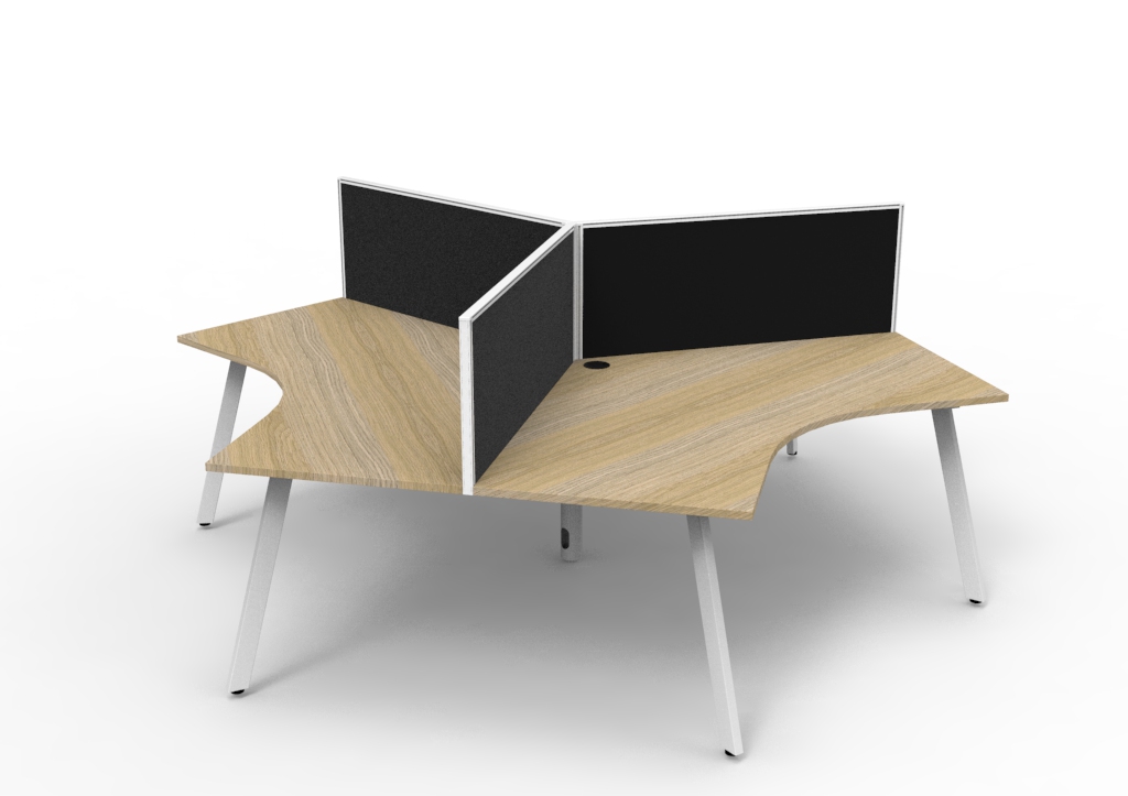 Rapidline Infinity 120° Workstation – Natural Oak Top, White P/C Frame, SHUSH30 Aluminium Framed Screen, Black Fabric | Eternity Leg