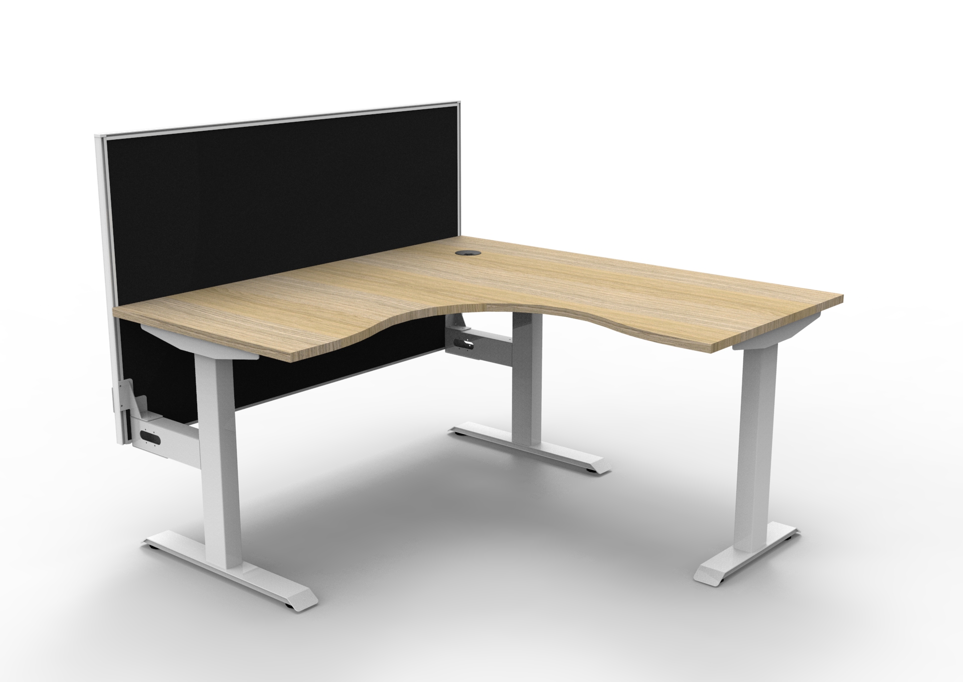 Rapidline Boost Static Corner Desk 1500×1500mm – Natural Oak Top, White Satin Frame, Black Privacy Screen
