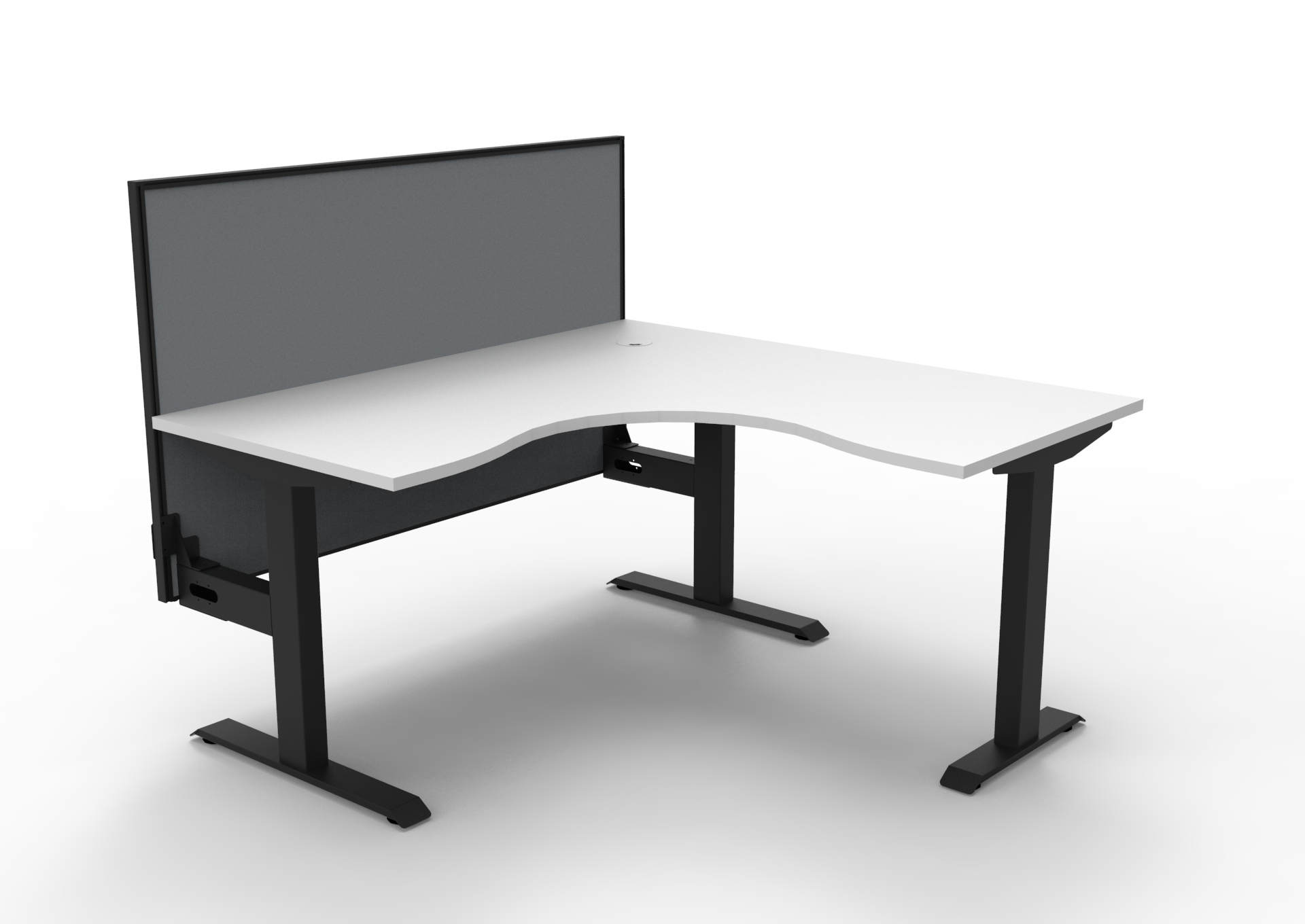 Rapidline Boost Static Corner Desk 1500×1500mm – Natural White Top, Black Satin Frame, Grey Privacy Screen