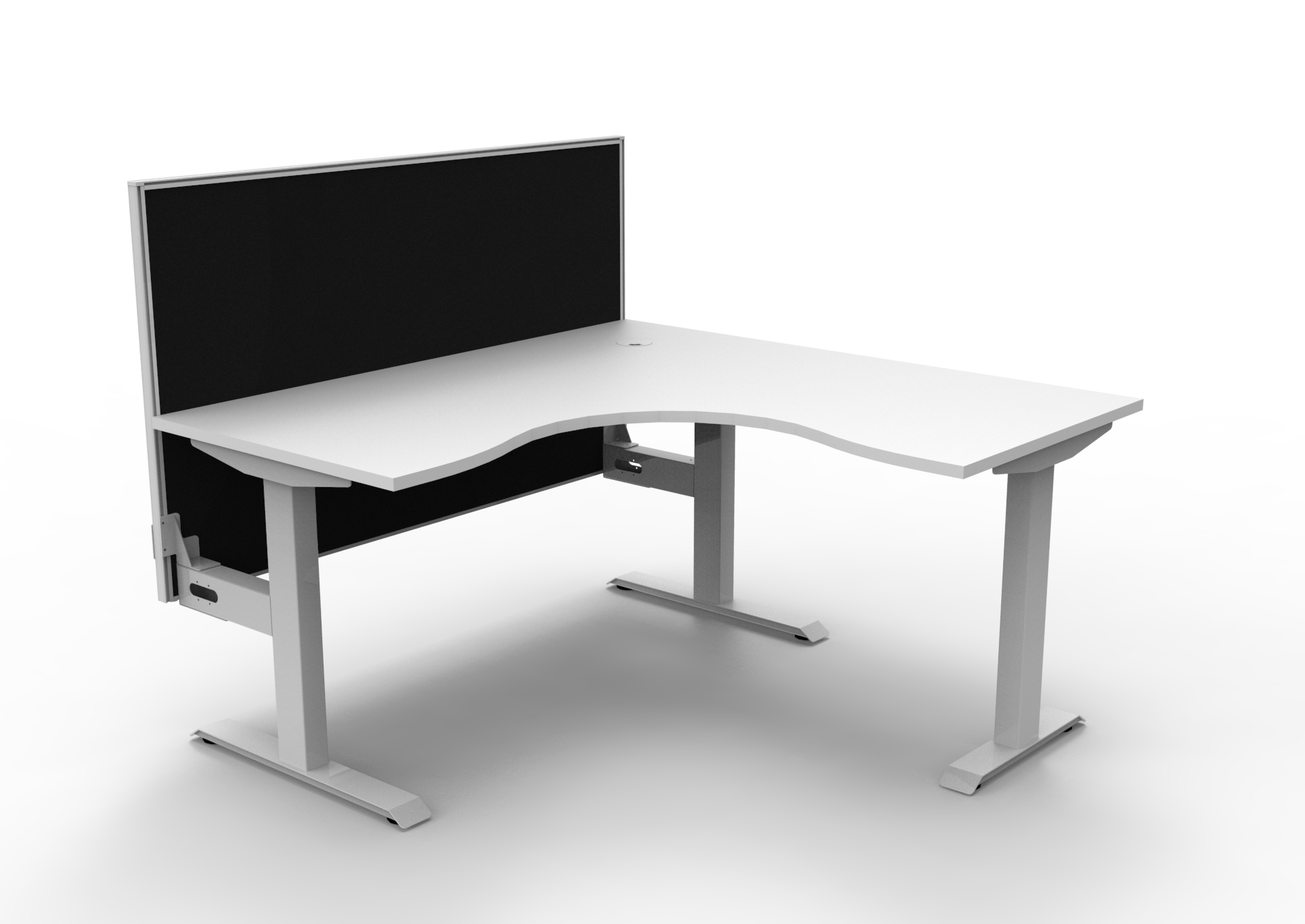 Rapidline Boost Static Corner Desk 1500×1500mm – Natural White Top, White Satin Frame, Black Privacy Screen