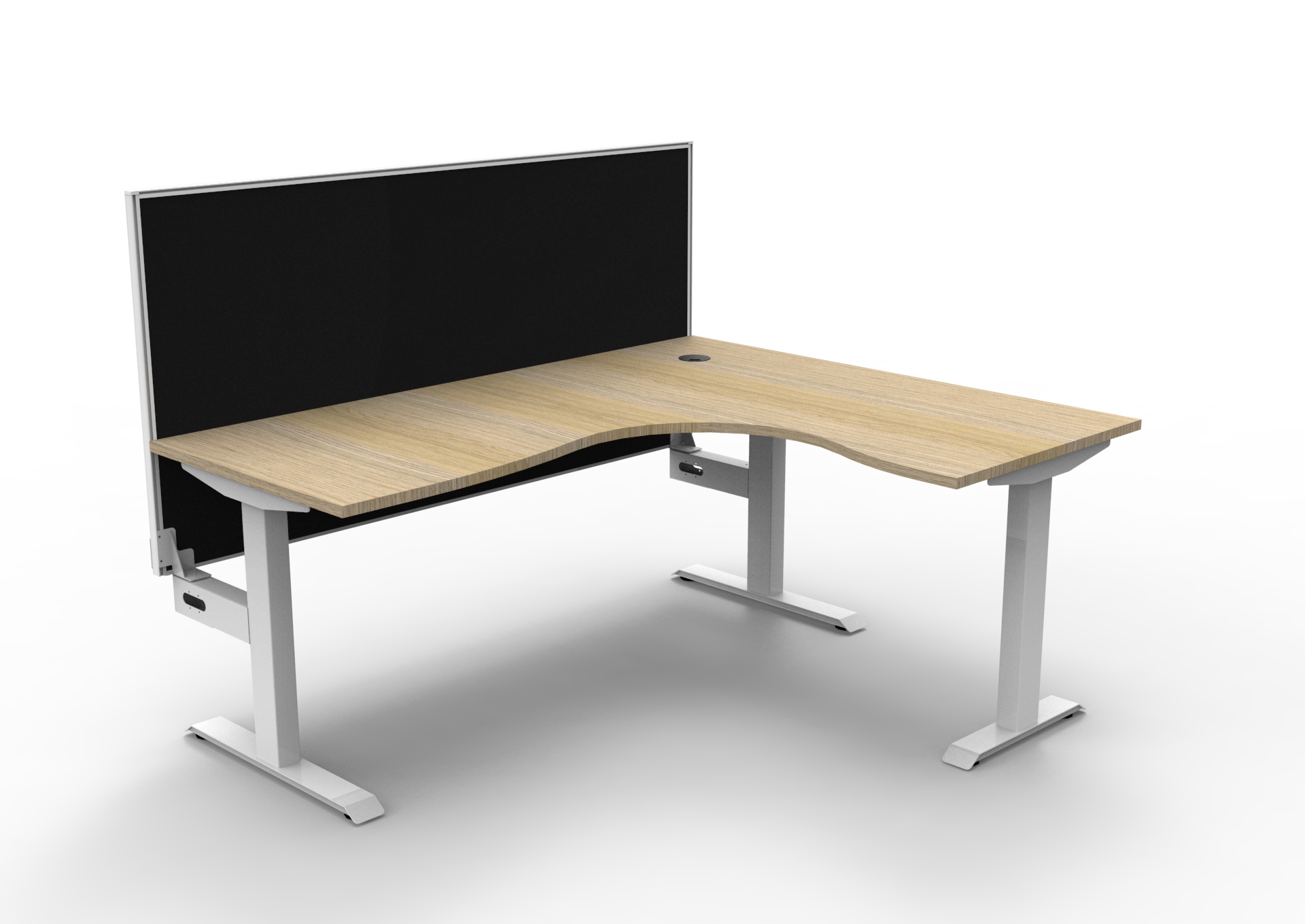 Rapidline Boost Static Corner Workstation – Natural Oak Top, White Satin Frame, Black SHUSH30 Screen | 1800 x 1500 x 750mm