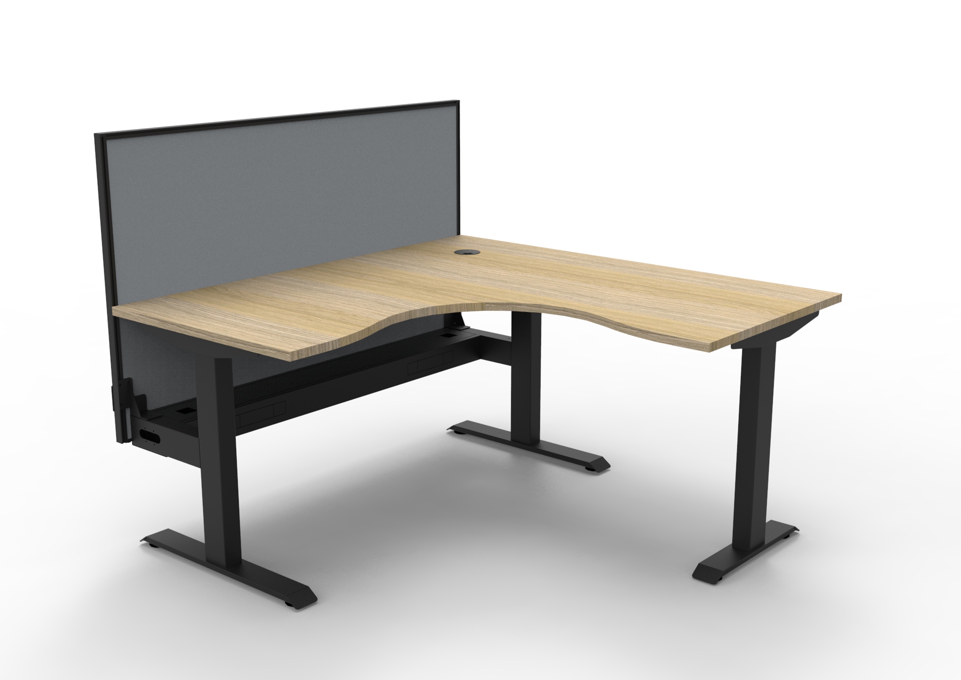 Rapidline Boost Static Corner Workstation – Natural Oak Top, Black Satin Frame, Cable Tray & Grey Privacy Screen (1500×1500×750mm)