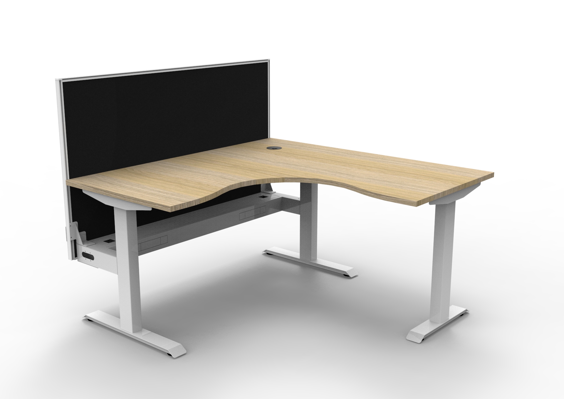 Rapidline Boost Static Corner Workstation – Natural Oak Top, White Satin Frame, Cable Tray & Black Privacy Screen (1500×1500×750mm)