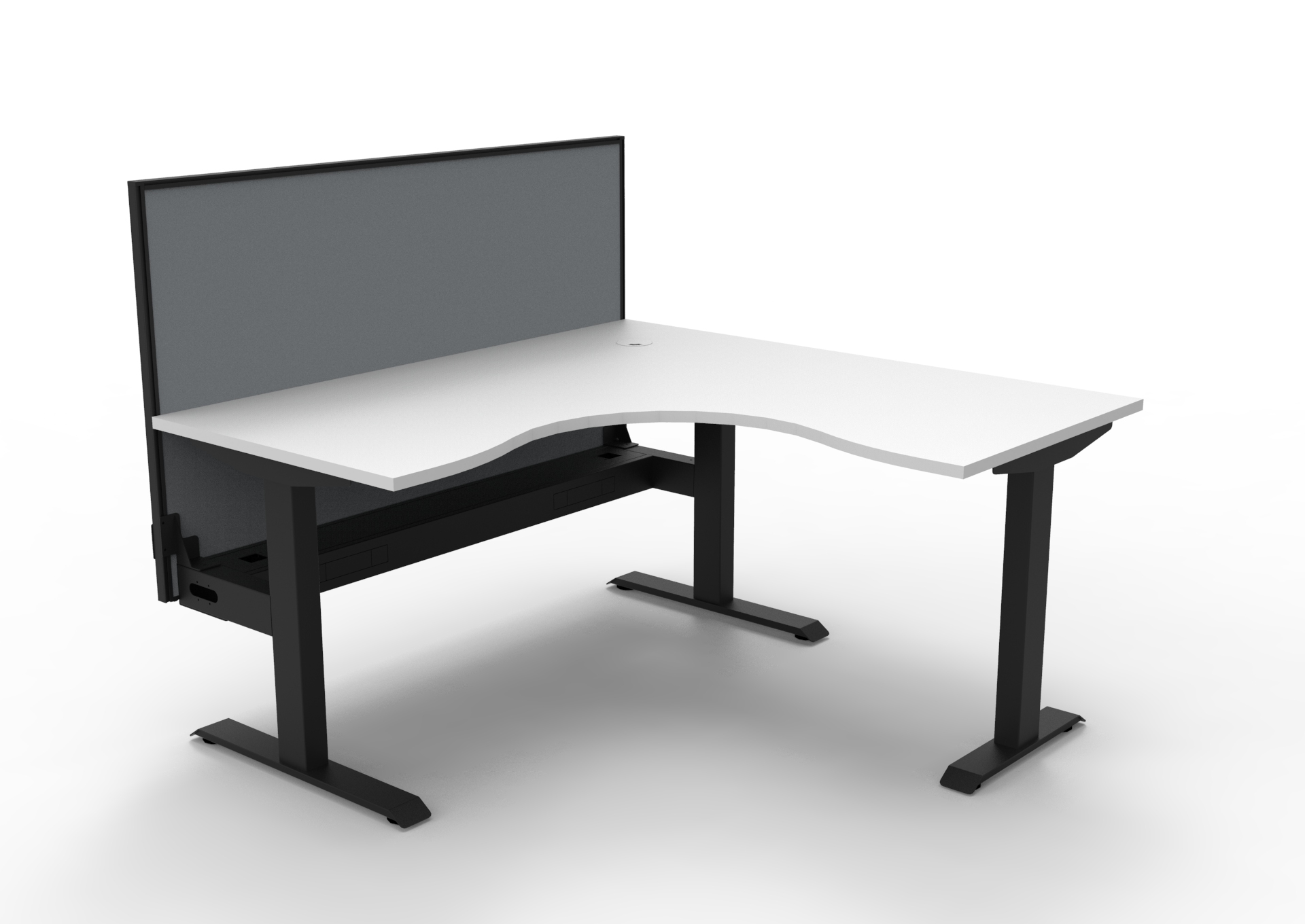 Rapidline Boost Static Corner Workstation – White Top, Black Satin Frame, Cable Tray & Grey Privacy Screen (1500×1500×750mm)