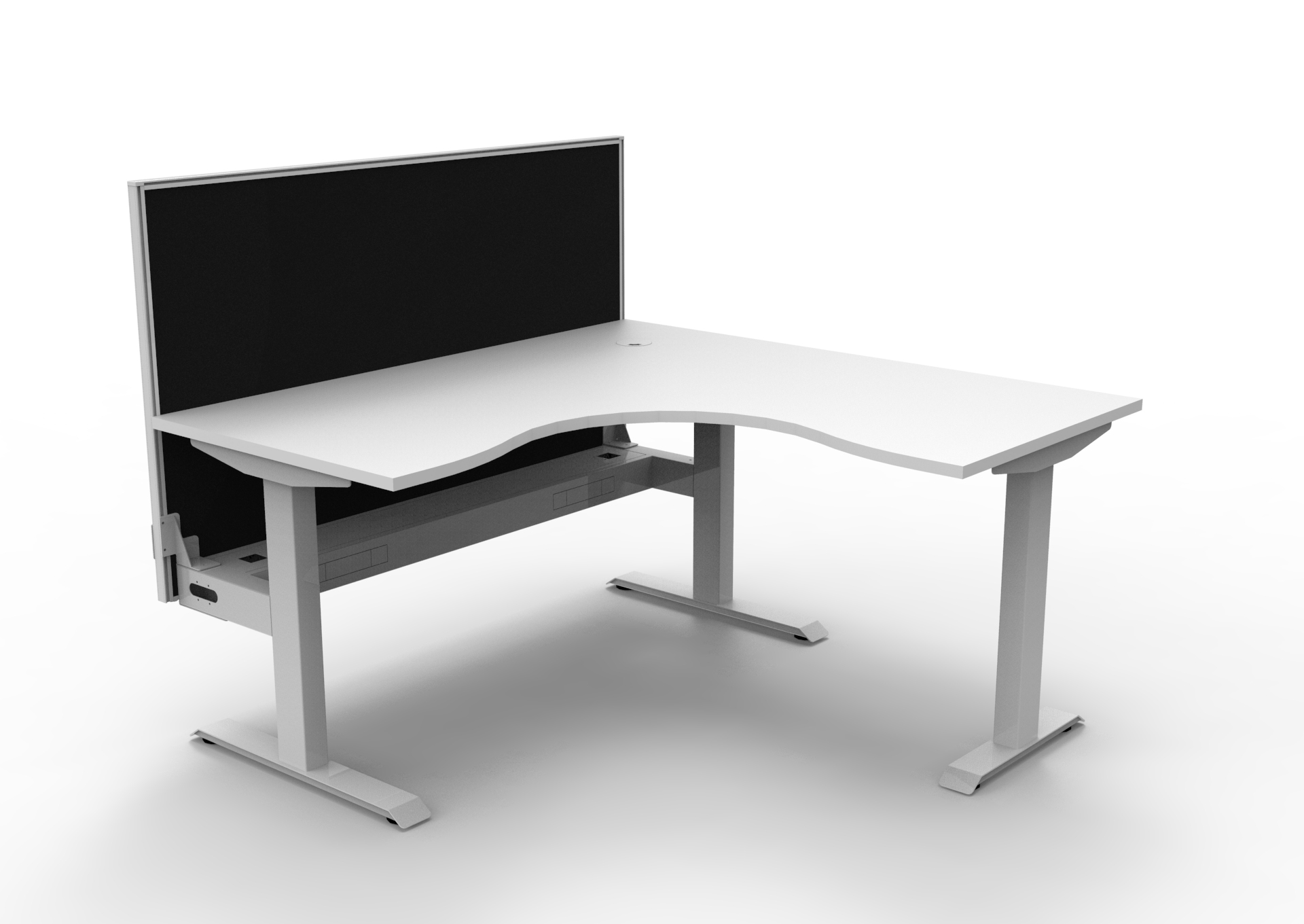 Rapidline Boost Static Corner Workstation – White Top, White Satin Frame, Cable Tray & Black Privacy Screen (1500×1500×750mm)