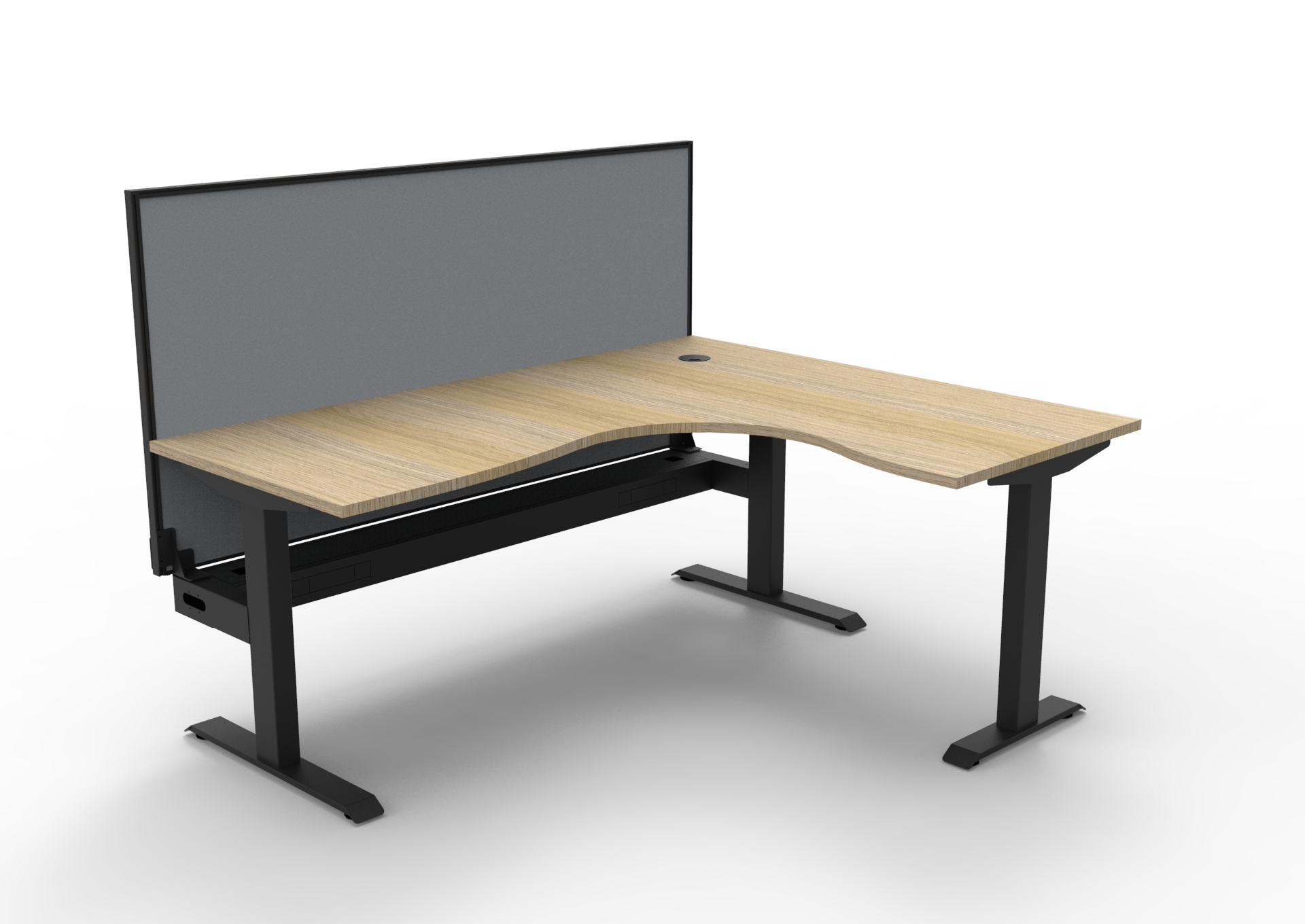 Rapidline Boost Static Corner Workstation – 1800×1500mm, Natural Oak Top, Black Satin Frame, Cable Tray & Grey Privacy Screen
